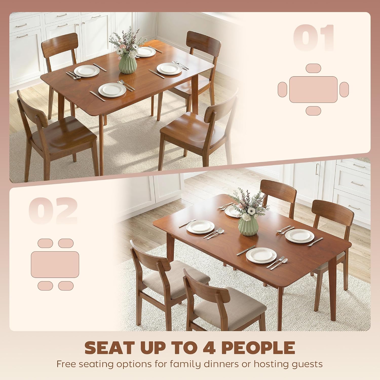 HOMCOM 47' Mid-Century Modern Dining Table for 4, Rectangular Kitchen Table with Wood Grain Finish, Tapered Legs, Wood Frame for Small Spaces, Dining Room, Apartment, Easy to Assemble, Walnut