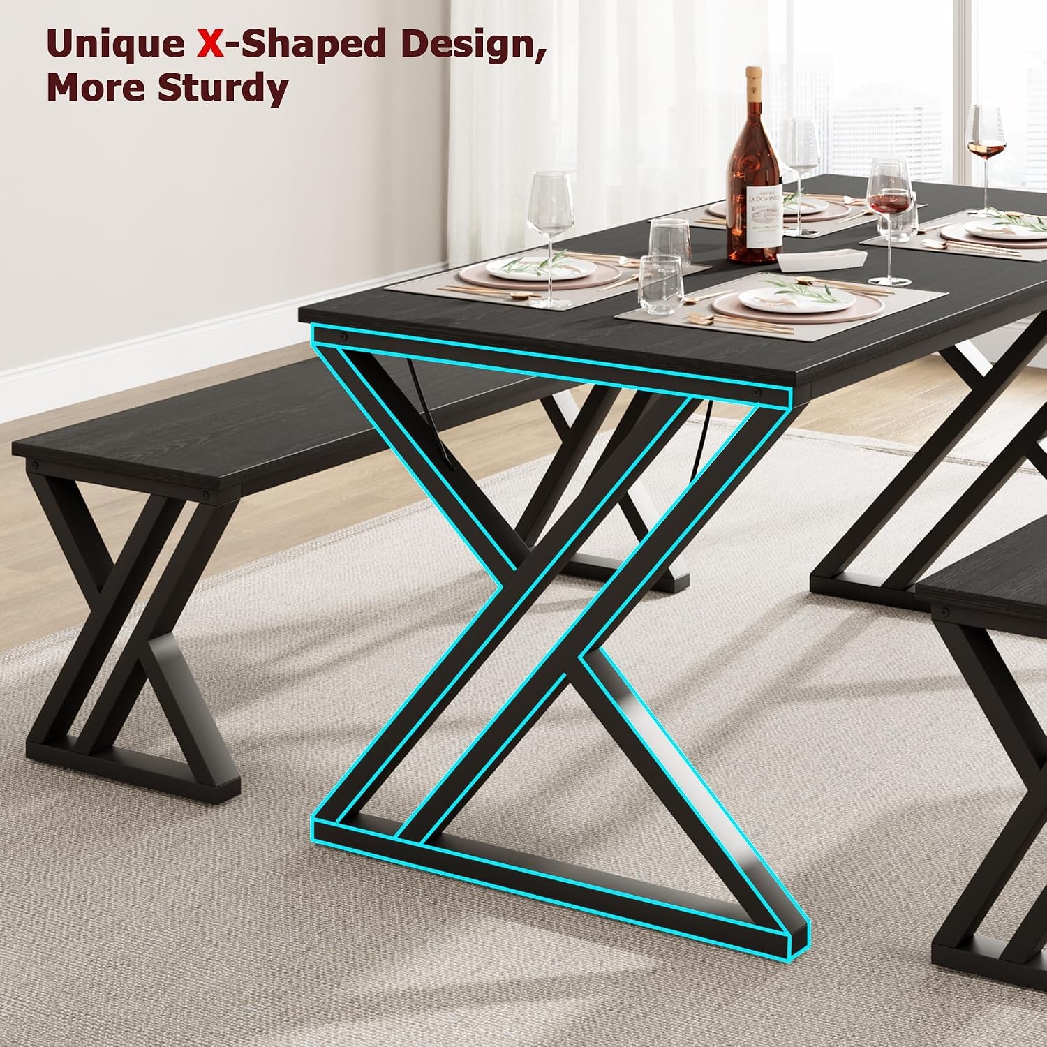 GarveeHome Kitchen Table with 2 Benches, Dining Table Set for 4, Saving Space Dining Room Table Set for Kitchen, Dining Room, Apartment, Sturdy Metal Frame, Black