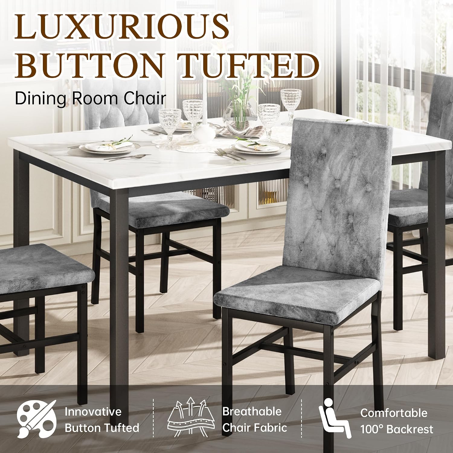Hooseng Dining Table Set for 4, Faux Marble Small Kitchen Table Chairs Set of 4 with Luxurious Button Tufted Dinner Chairs for Kitchen and Dining