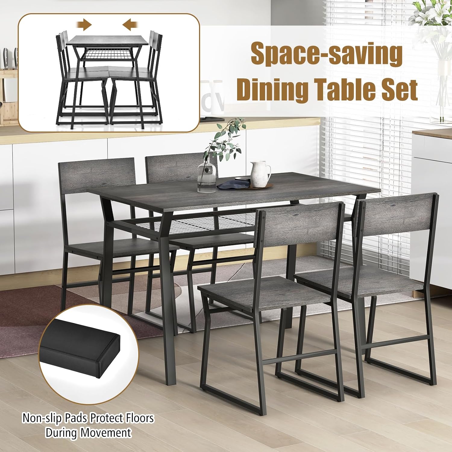 Giantex Dining Table Set for 4, 47'L x 28'W Rectangular Kitchen Table w/ 4 Trapezoid Chairs, Reinforced Metal Frame & Storage Rack, Industrial Space-Saving Dinette Set for Kitchen Dining Room (Grey)
