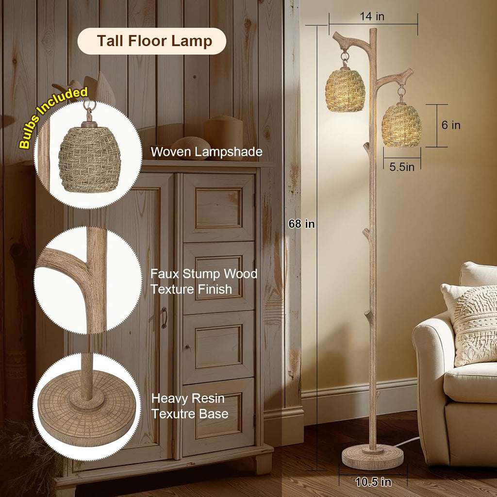 Scenekoy Vintage 68' Tall Floor Lamp with Straw Rope Woven Shade, Retro Resin Standing Lamp Tree Trunk Finish, Dimmable Corner Lamp Stand Up Light with Bulb Prefer for Living Room Bedroom Home Decor