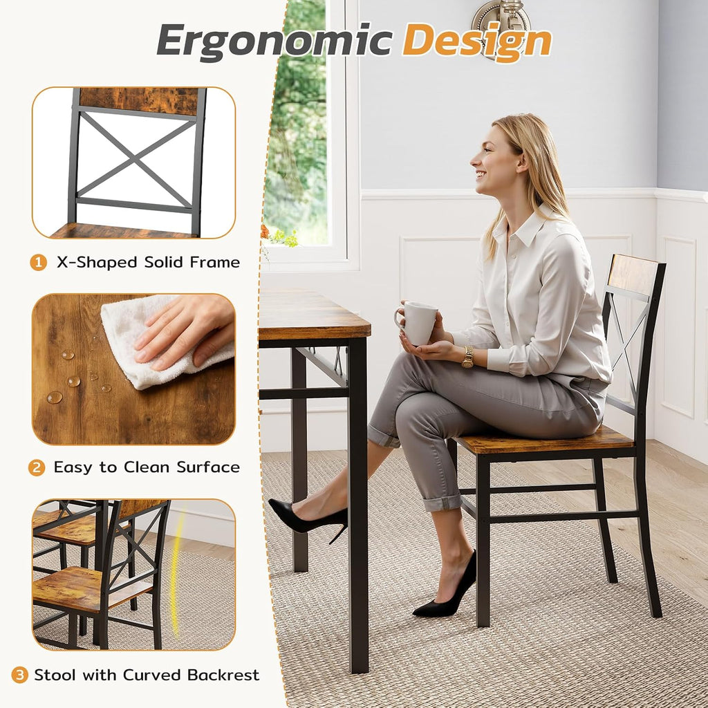 Zevemomo 5-Piece Dining Table Set, Breakfast Nook Table Set, Kitchen Table Chairs Set of 4, Small Dining Table Set for 4 X-Shaped Curved Backrest Chairs, for Small Spaces & Living Room-Rustic Brown