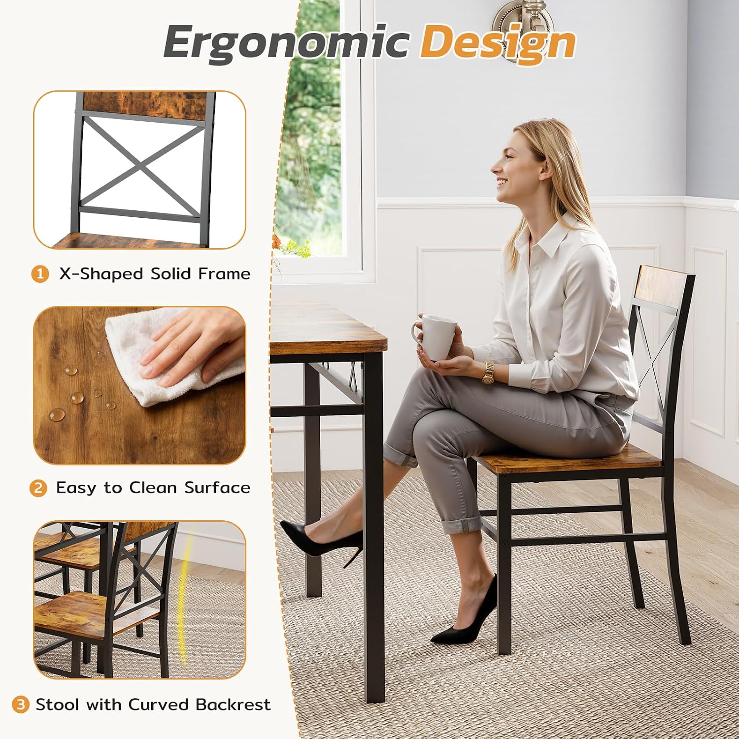 Zevemomo 5-Piece Dining Table Set, Breakfast Nook Table Set, Kitchen Table Chairs Set of 4, Small Dining Table Set for 4 X-Shaped Curved Backrest Chairs, for Small Spaces & Living Room-Rustic Brown