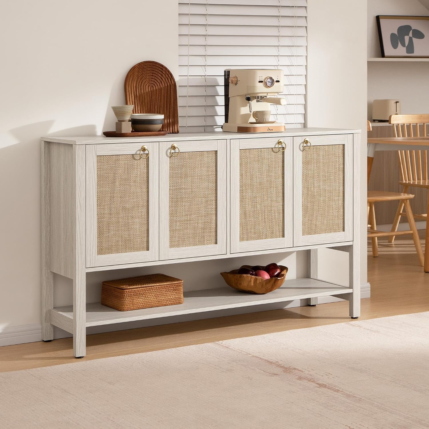 SICOTAS Sideboard Buffet Cabinet with Rattan Doors, 55' Boho Coffee Bar Cabinet with Open Shelf, Modern Farmhouse Credenza & Console Table for Entryway, Kitchen, Dining Room