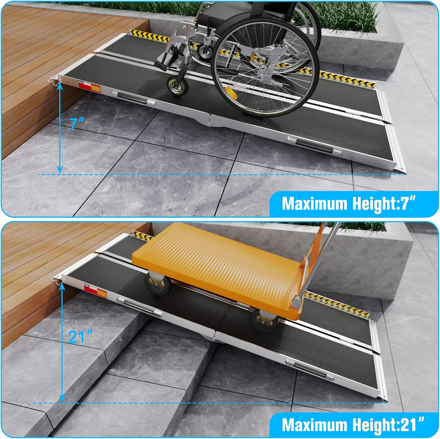 VNN 2FT & 7FT Portable Wheelchair Ramp, Non-Slip Aluminum Folding Handicap Ramp, Door Threshold Wheelchair Ramps for Home, Wheel Chair Ramp for Home Steps, Scooter Ramp for Car, Doorways, Curbs, Stair
