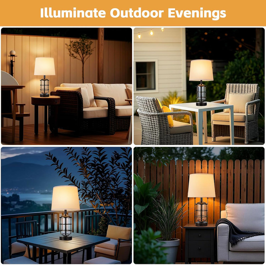 Outdoor Table Lamps Set of 2, Farmhouse Lamps for Patio Table Decor with Cord, Rustic Table Lights with Seeded Glass, 23.5' Plug-in Outdoor Lamps for Patio Waterproof (Antique Copper)