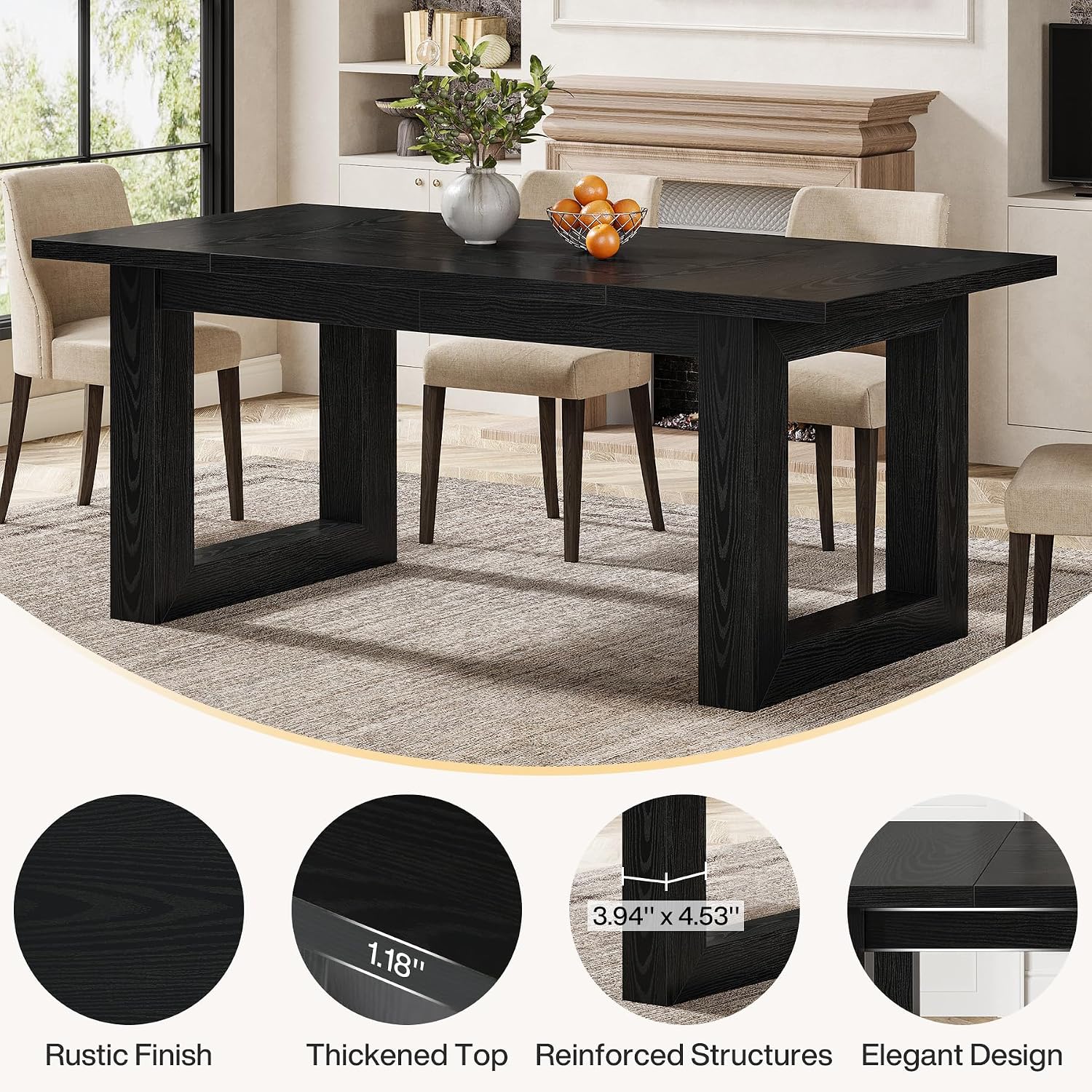 Tribesigns 63-Inch Dining Table, Modern Wood Kitchen Table, Large Rectangular Dinner Furniture for Dining Room (Black)