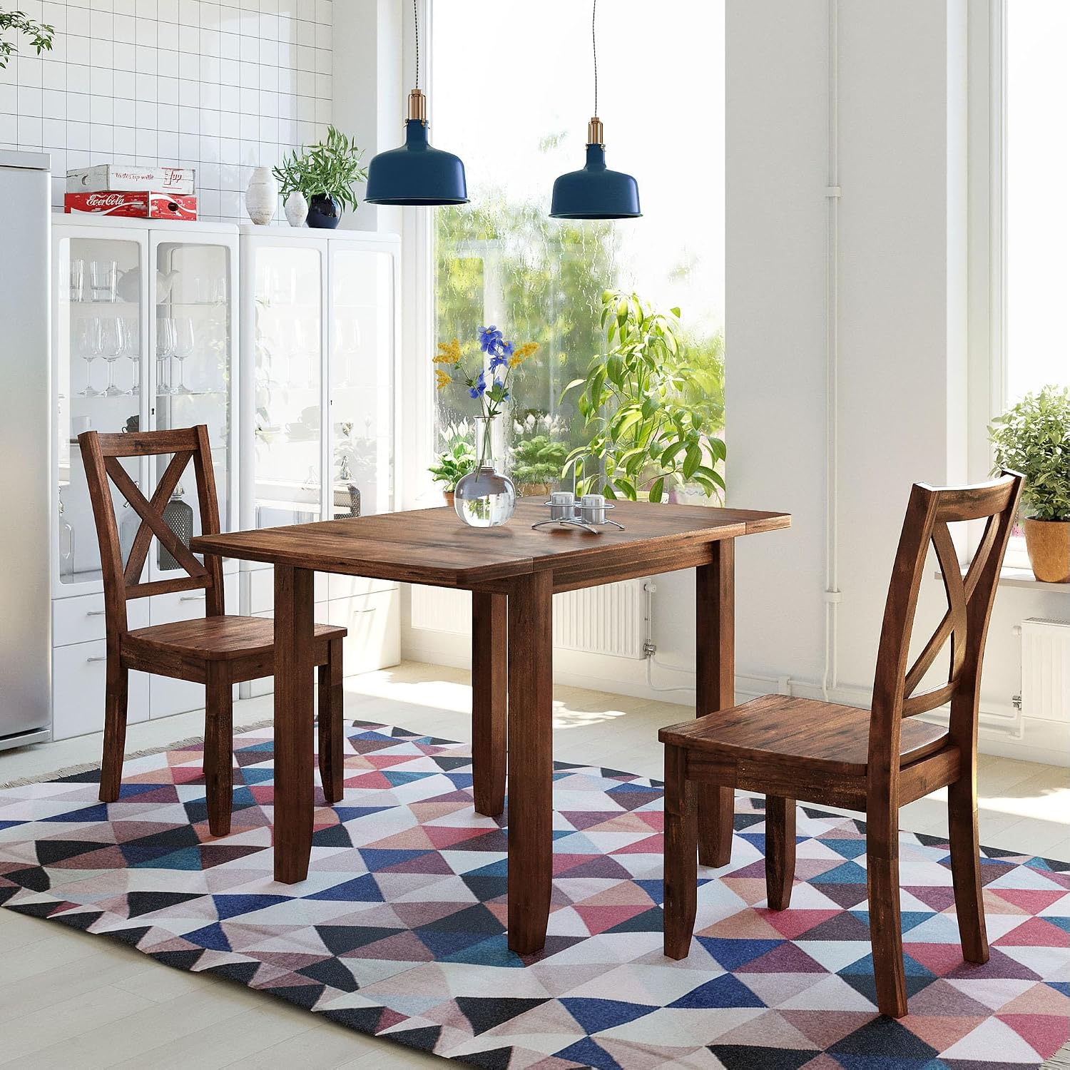 Harper & Bright Designs 3-Piece Wood Drop Leaf Dining Table Set with 2 X-Back Chairs, Space-Saving Breakfast Nook Dining Set, Brown