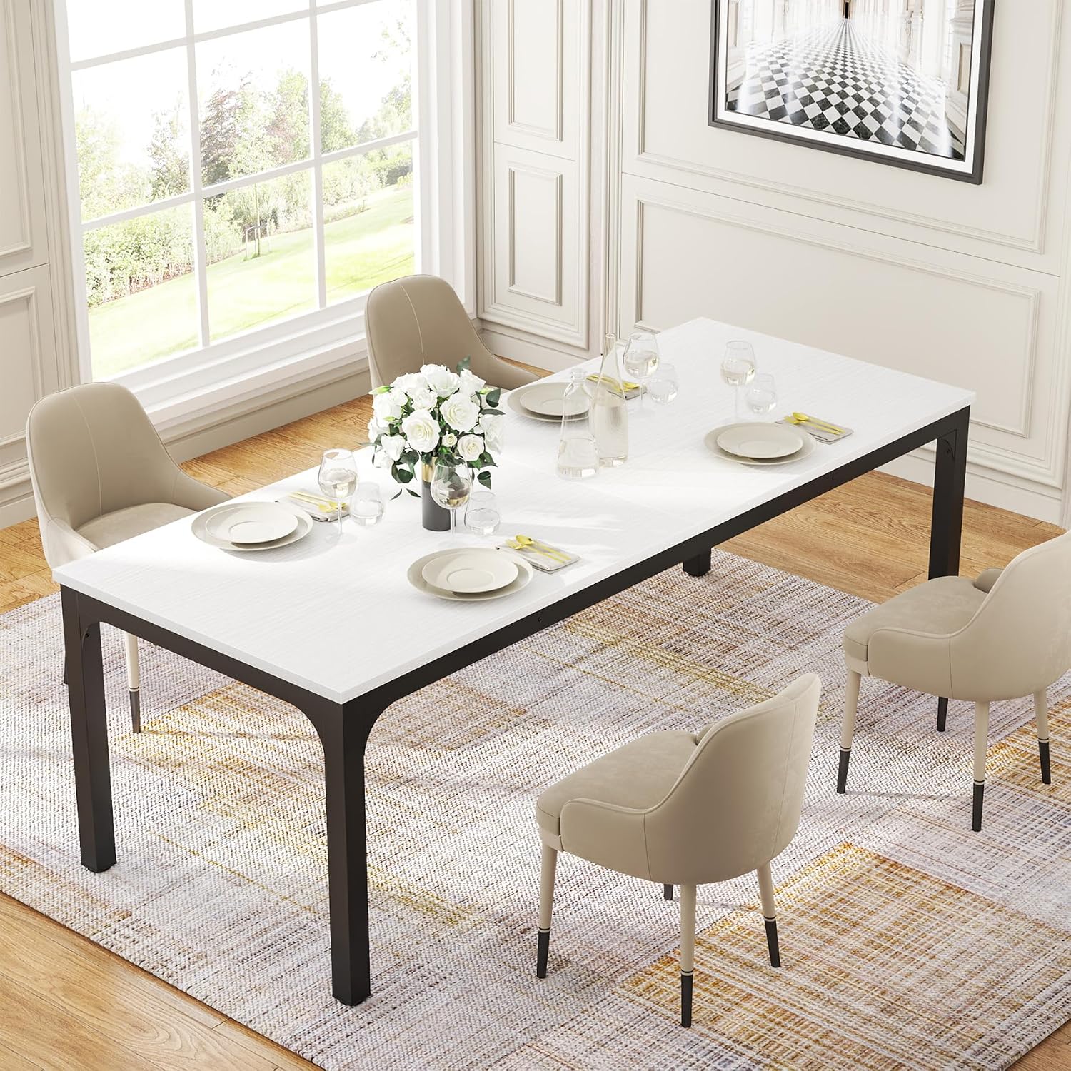 Tribesigns Dining Table for 6-8 People, 78-Inch Long Narrow Rectangular Dinner Table, 8 Seat Wood Kitchen Furniture for Dining Room (White+Black)