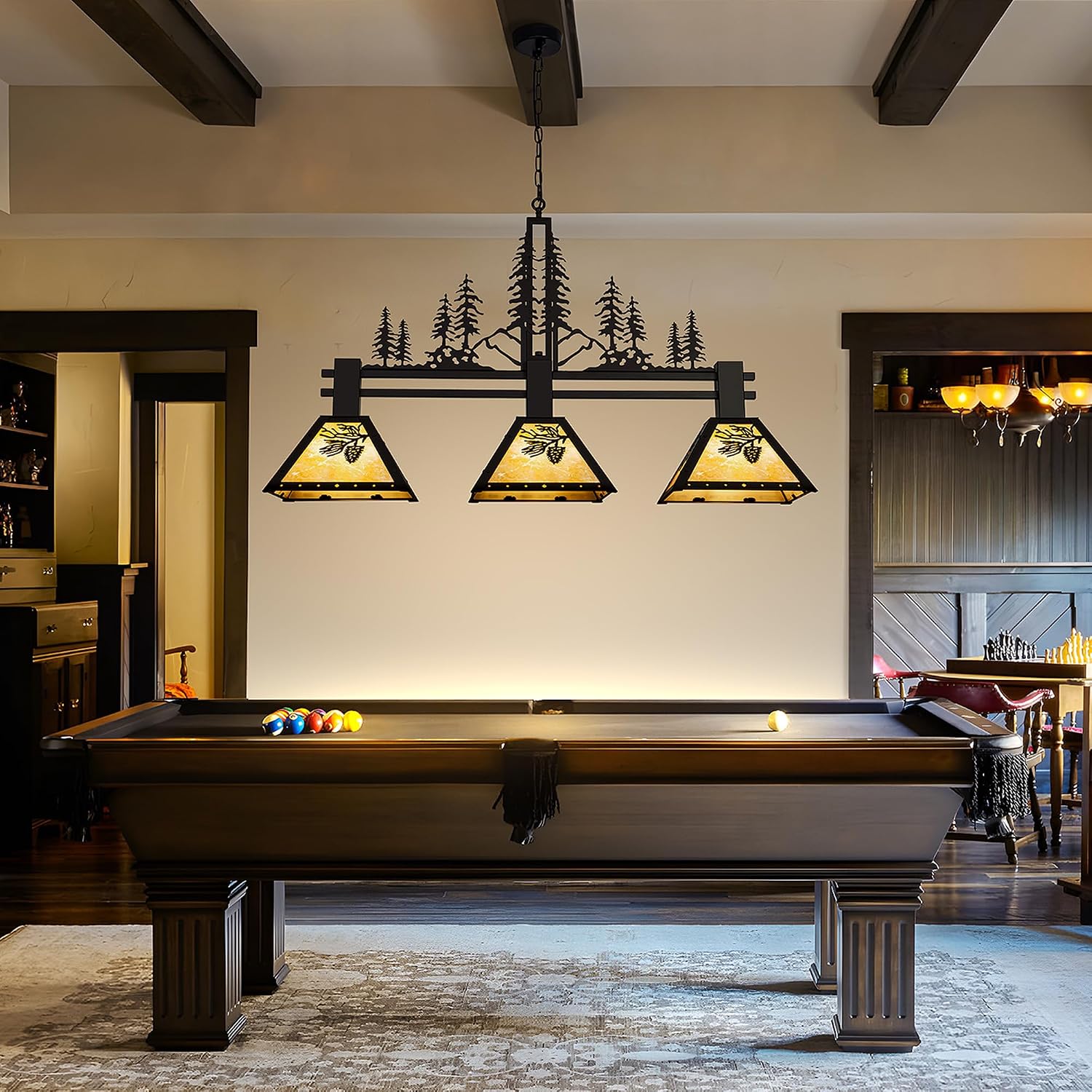 TOCHIC 3-Light Pool Table Light for 7' 8' 9' Table, 48' Rustic Tiffany Billiard Pool Table Lights, Farmhouse Chandelier for Dining Room Hanging Ceiling Light Fixture for Game Room Basement Bar