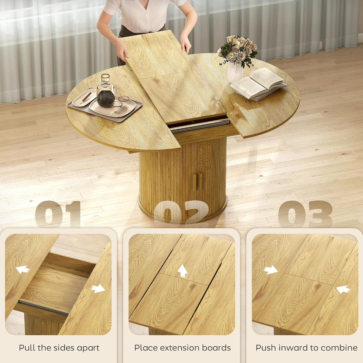 HOMCOM 43.3' to 59' Extendable Round Dining Table for 4-6, Farmhouse Transformer Dining Room Table with Removable Leaves, Circle Kitchen Table with Sliding Doors, Kitchen, Living Room, Natural Wood