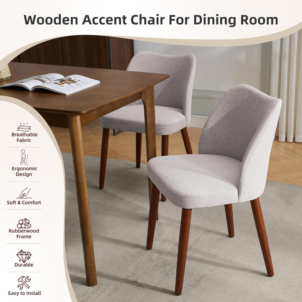 GarveeHome Linen Dining Chairs Set of 4 Upholstered Fabric Dining Chair with Wood Legs, Wing Backrest, Wooden Kitchen Chairs with Thick Cushions, Leveling Feet for Dining Room, Living Room, Light Grey