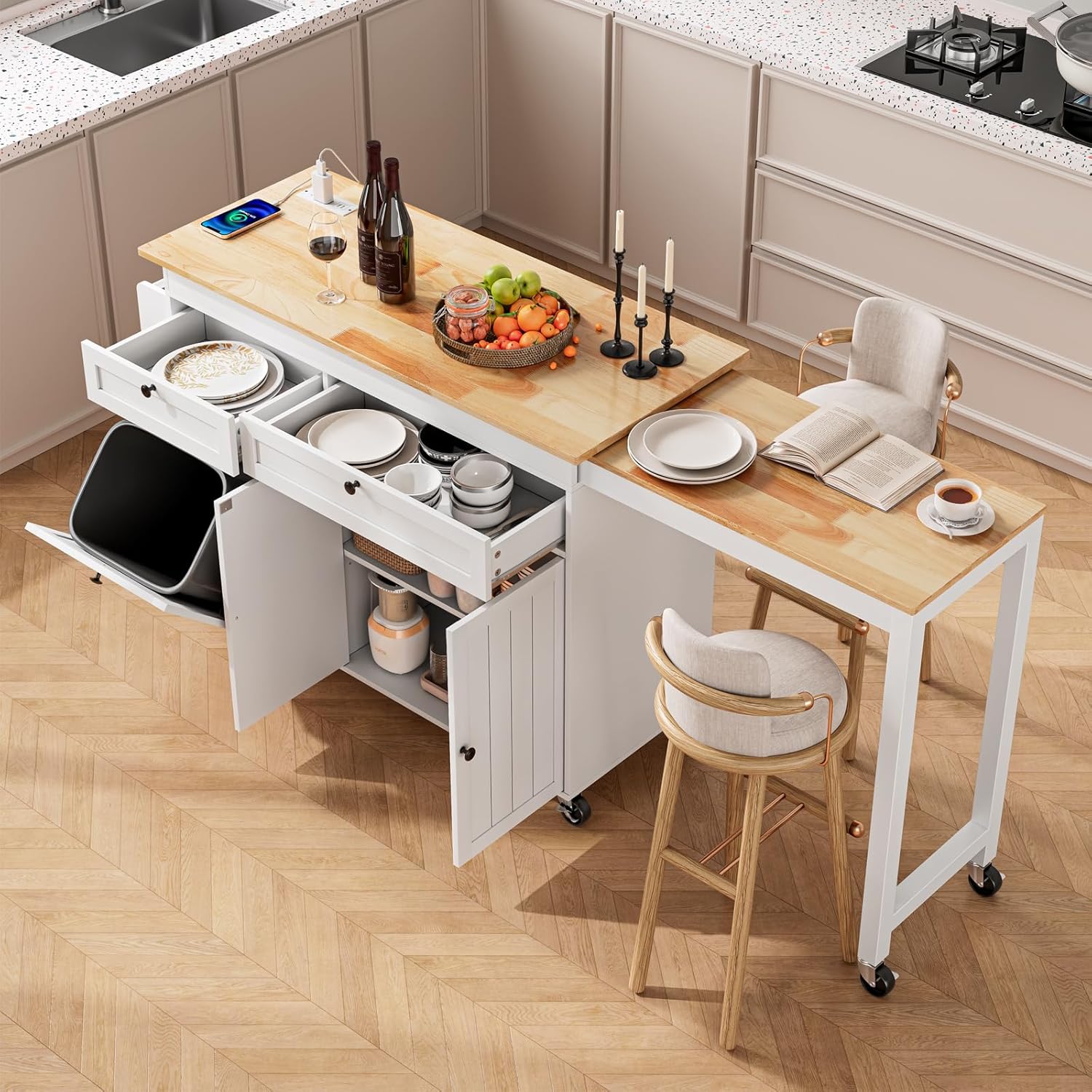 ONBRILL Kitchen Islands with Extendable Dining Table, 81.7' Mobile Kitchen Storage Islands, Rolling Kitchen Cart with Trash Cabinet, Power Outlet, Spice Rack & Towel Rack (White)