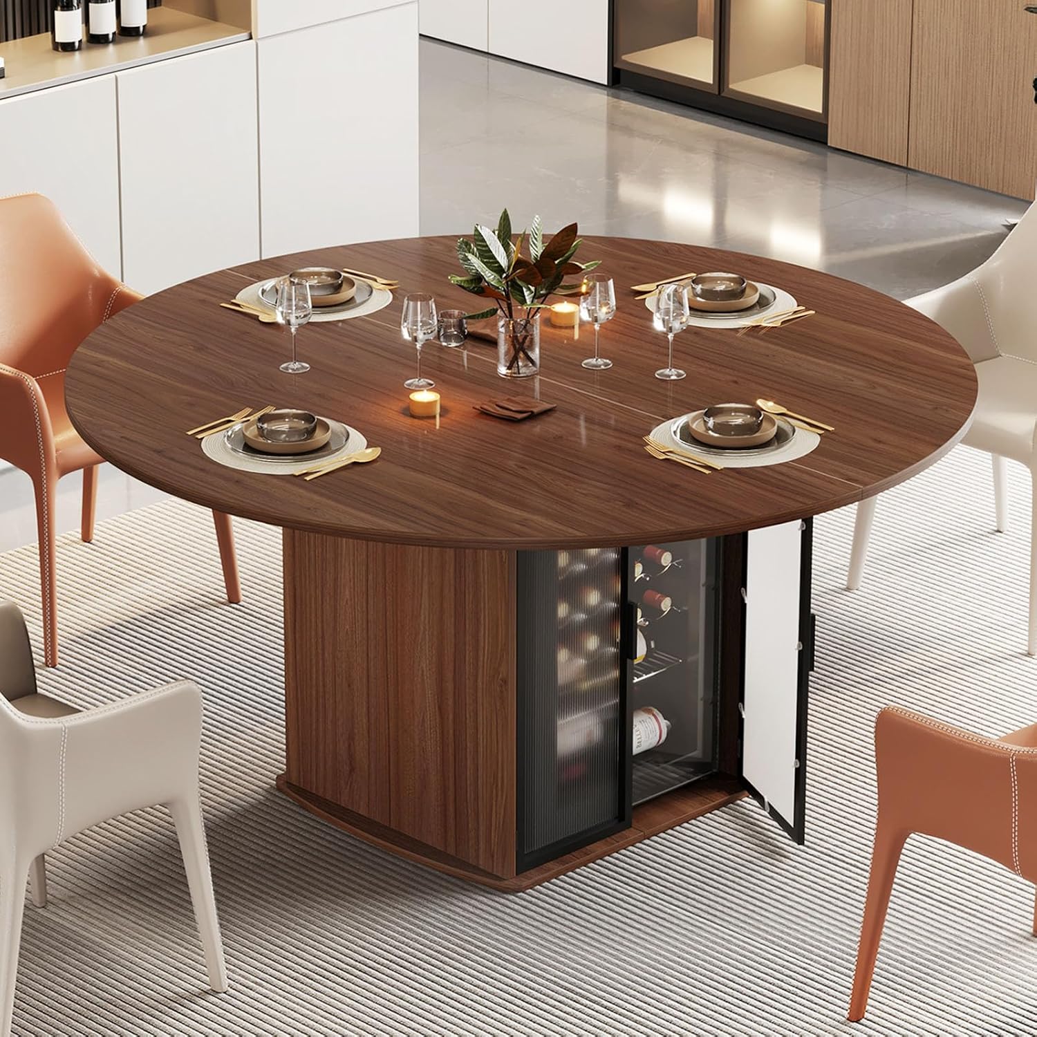 IBF 47' Round Dining Table for 4-6, Circle Kitchen Table with Storage Shelf, Circular Dining Room Tables with Fridge Space, Wood Dinner Tables for Home Kitchen, Walnut (Only Table)