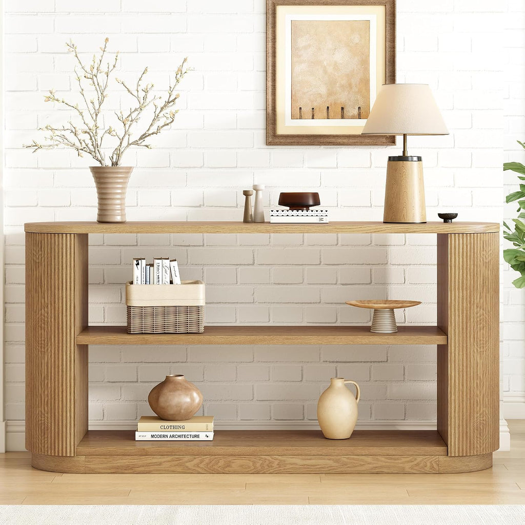 Modern Curved Console Table 59-Inch Oval Fluted Entry Sofa Table with Open Storage Shelves for Living Room Entryway Hallway Furniture, Natural