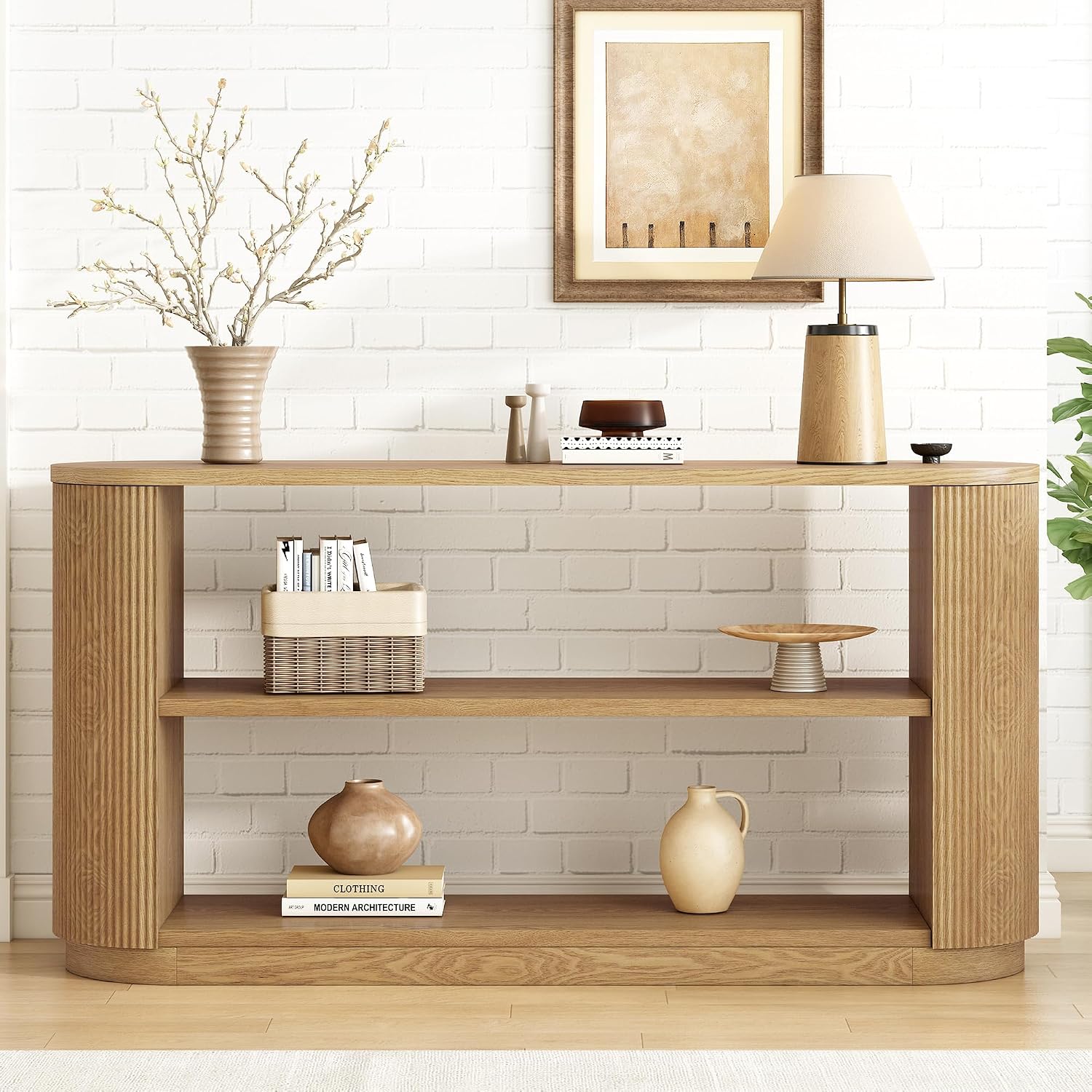 Modern Curved Console Table 59-Inch Oval Fluted Entry Sofa Table with Open Storage Shelves for Living Room Entryway Hallway Furniture, Natural