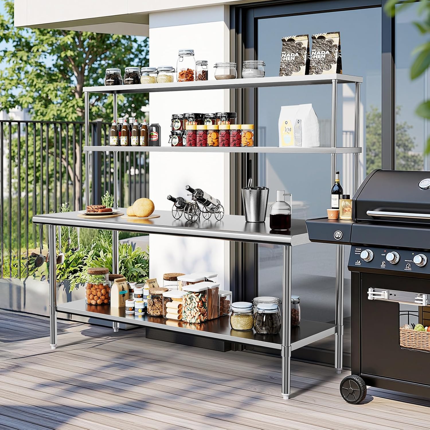 ROVSUN Stainless Steel Table with Overshelves 72' X 30', NSF Commercial Heavy Duty with Adjustable Undershelf & Detachable Hooks, Metal Prep Table for Kitchen, Restaurant, Home, Hotel