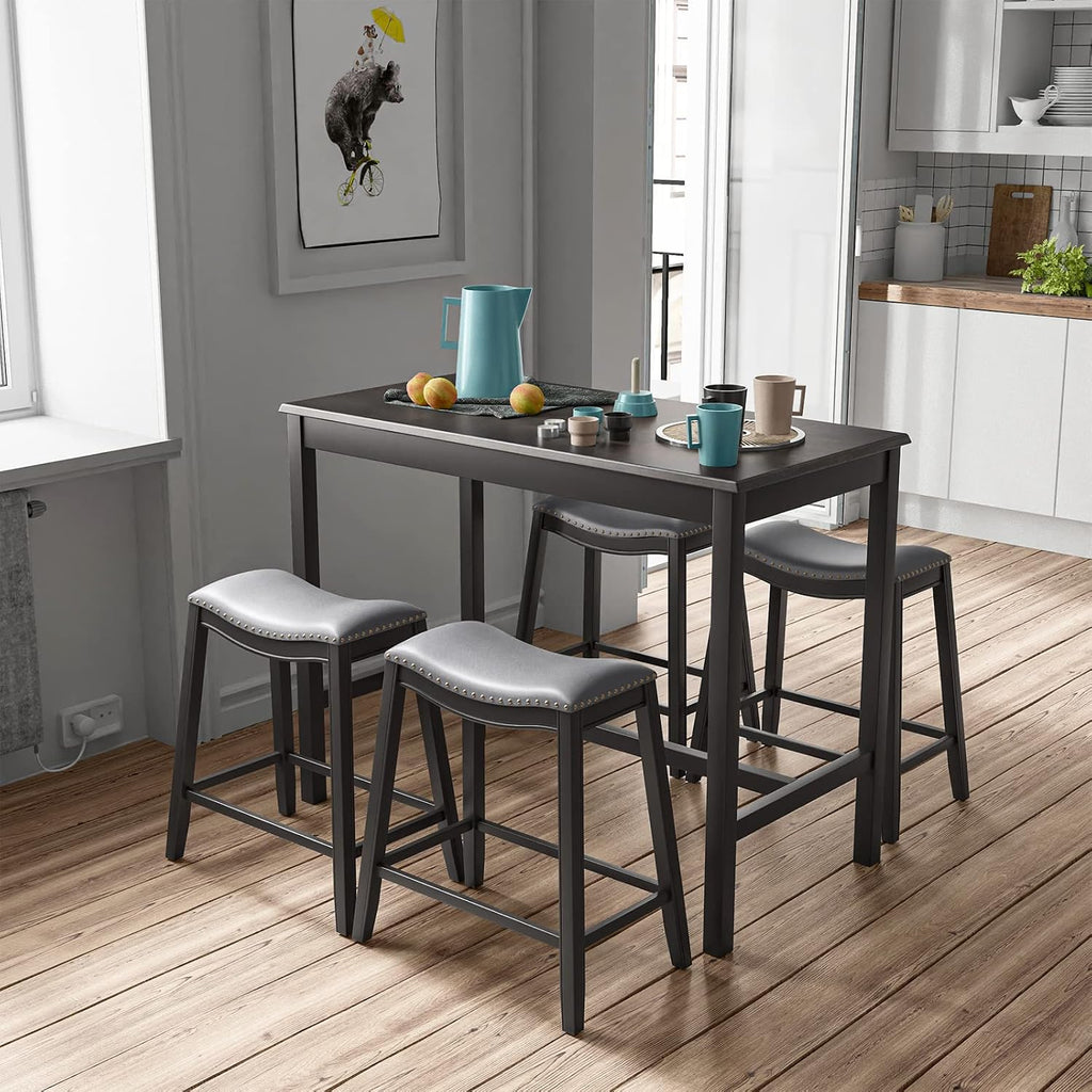 COSTWAY 5-Piece Dining Table Set for 4, Counter Height Breakfast Table and Upholstered 4 Saddle Stools, Space-Saving Design, Rubber Wood Pub Dinette Set for Bistro Dining Room Small Space, Black+Grey