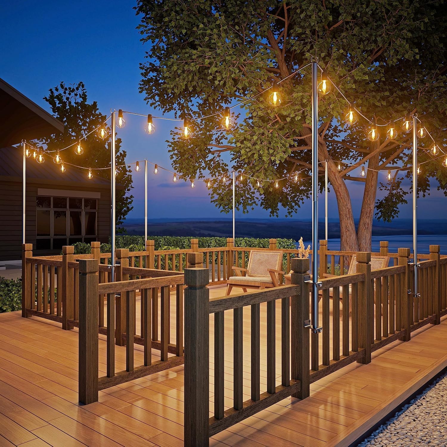 4Pack String Light Poles - Stainless Steel 6.5FT Deck Lights Poles with 4 wall Hooks for Outdoor Light, String Lights, with SS Screws for Wood Posts Deck Decor (Black)
