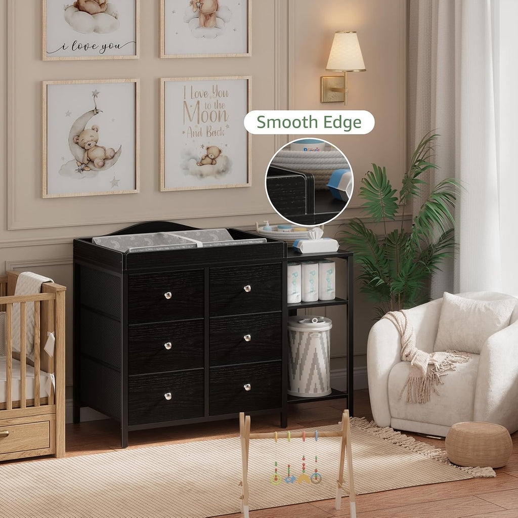 BOLUO Baby Dresser with Changing Table Top, Black Changing Table Dresser with 6 Fabric Drawers Diaper Changing Station with Storage Shelf for Nursery Modern