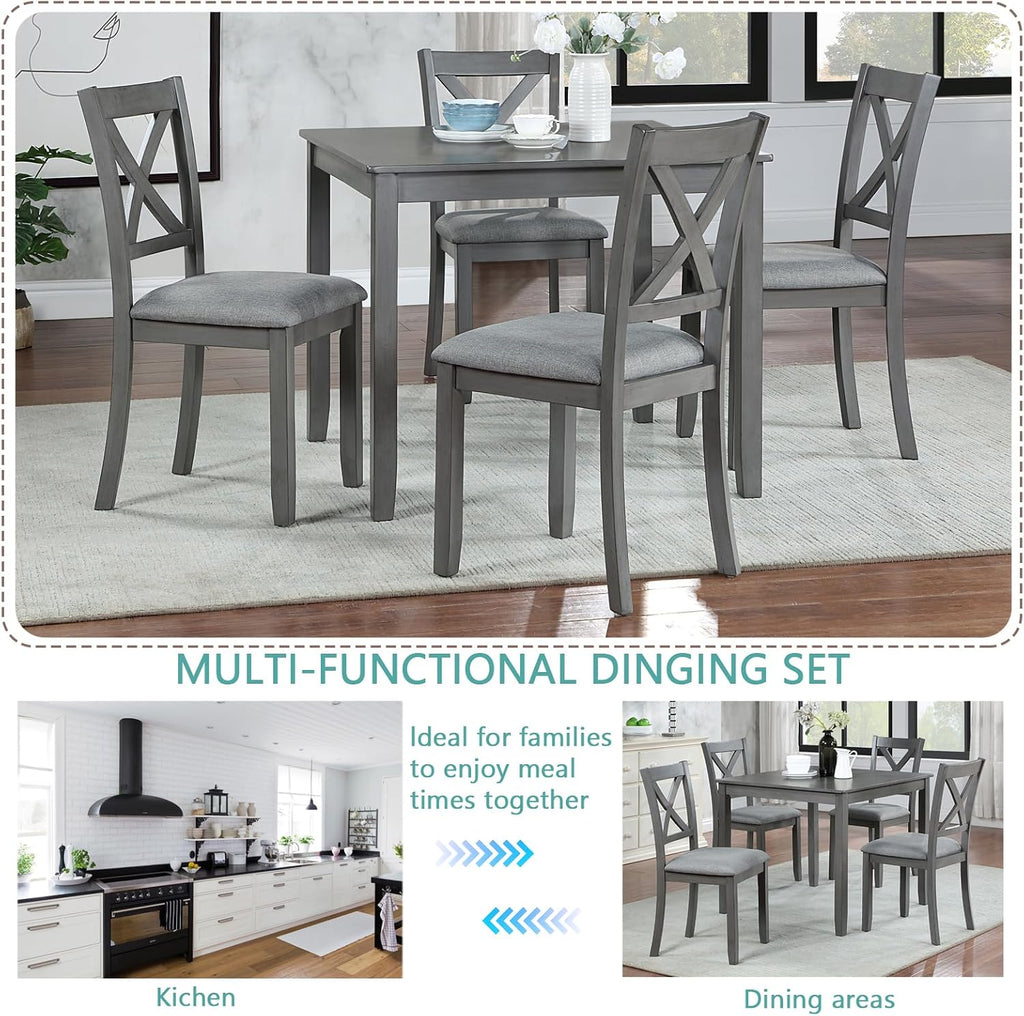 Harper & Bright Designs Modern 5-Piece Wooden Dining Table Set for 4, Grey Square Kitchen Table & 4 Upholstered Seating Chairs, Acacia/Birch Veneer, Space-Saving Design for Dining Room & Small Spaces