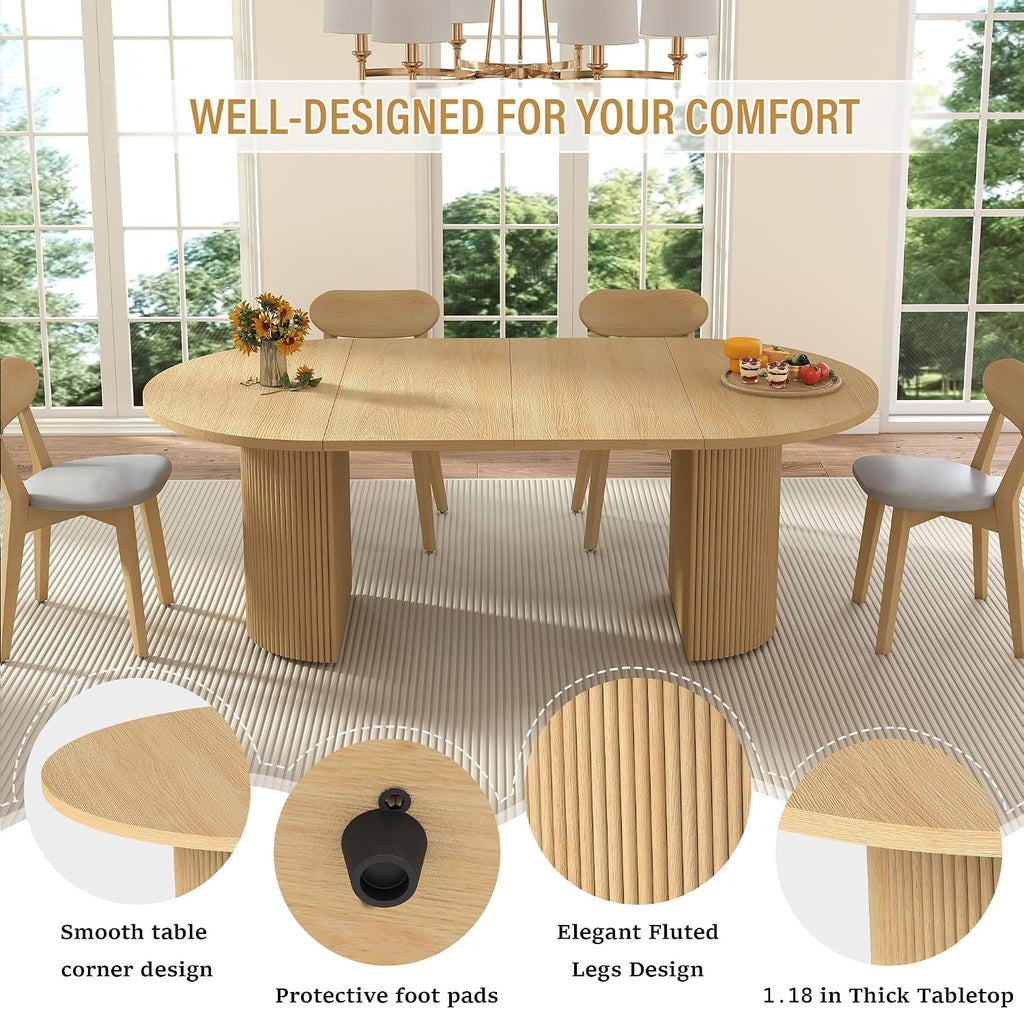 41 in-78 in Extendable Dining Room Table for 4-8, Round Expandable Kitchen Table with Fluted Base, Modern Farmhouse Oval Dinner Tables for Dining Room Kitchen Living Room (Natural)