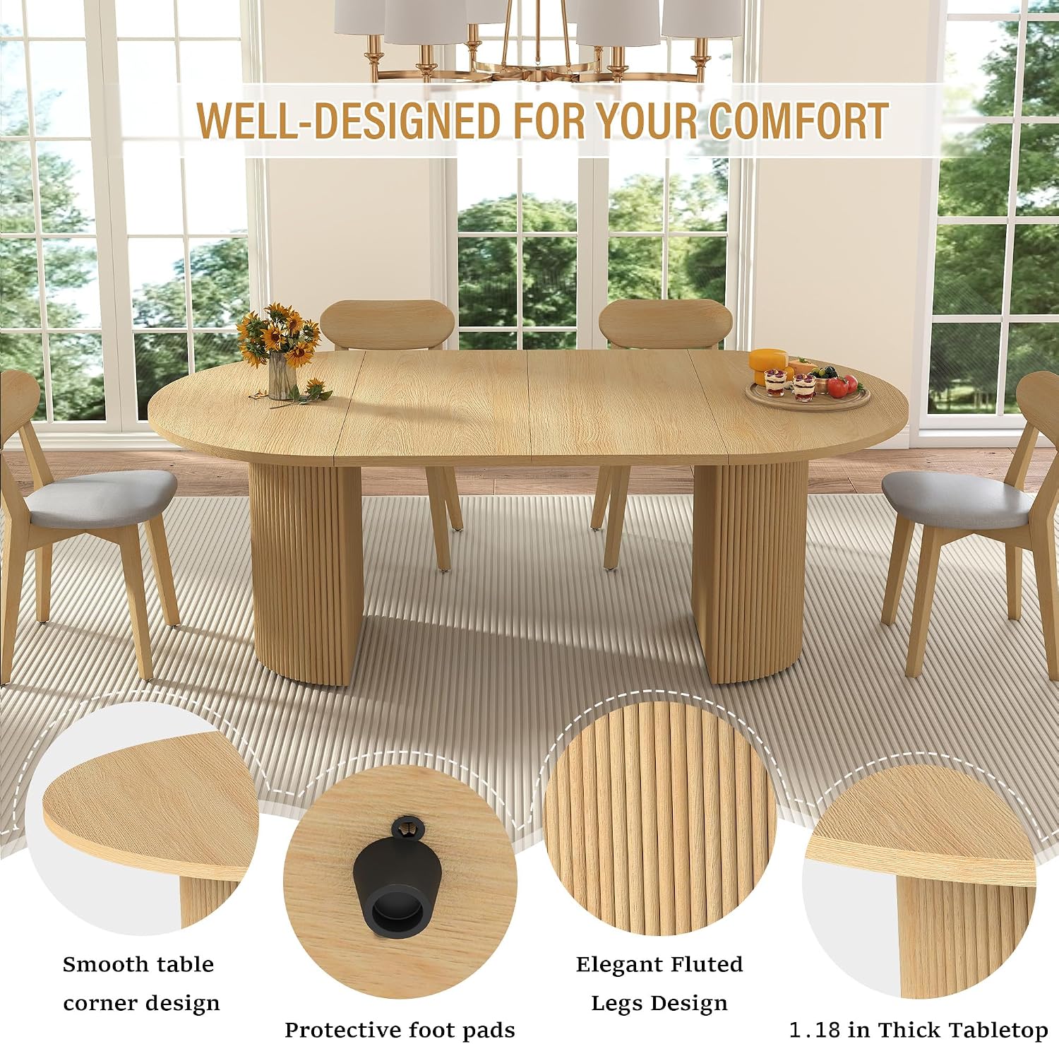 41 in-78 in Extendable Dining Room Table for 4-8, Round Expandable Kitchen Table with Fluted Base, Modern Farmhouse Oval Dinner Tables for Dining Room Kitchen Living Room (Natural)