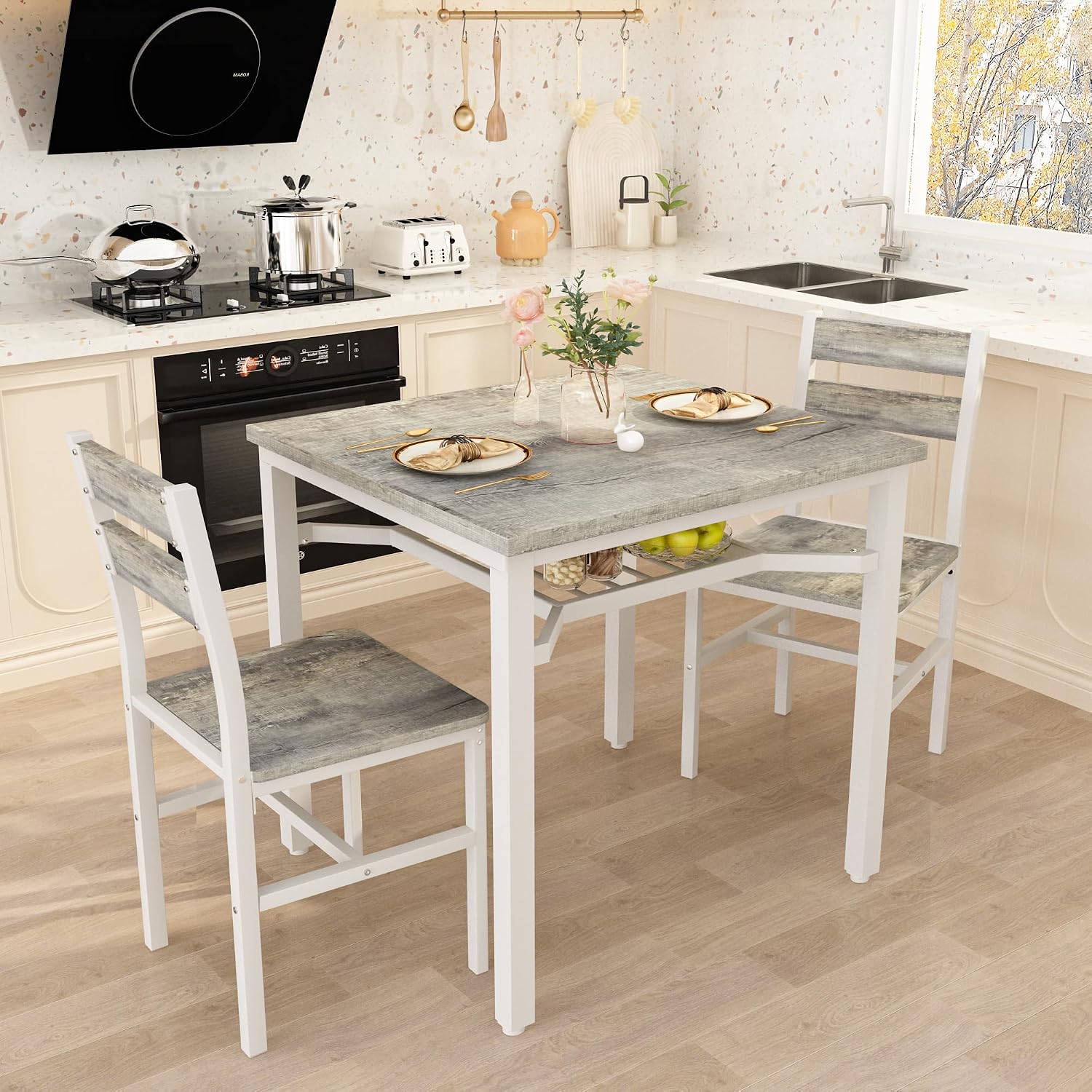 Hooseng 3 Piece Dining Table Set for 2, Small Wooden Kitchen Table with Storage, Farmhouse Square Dinette Set for Dining Room, Breakfast Nook, Apartment, Small Space