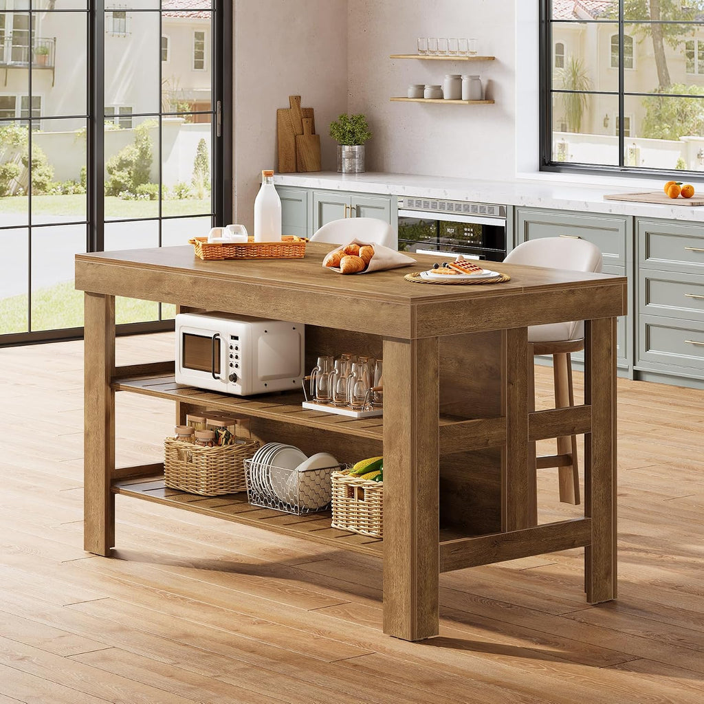 Tribesigns Kitchen Island with Seating and Storage Shelves, 55.1-Inch Breakfast Counter Farmhouse Island Table for Kitchen Dining Room (All Brown)