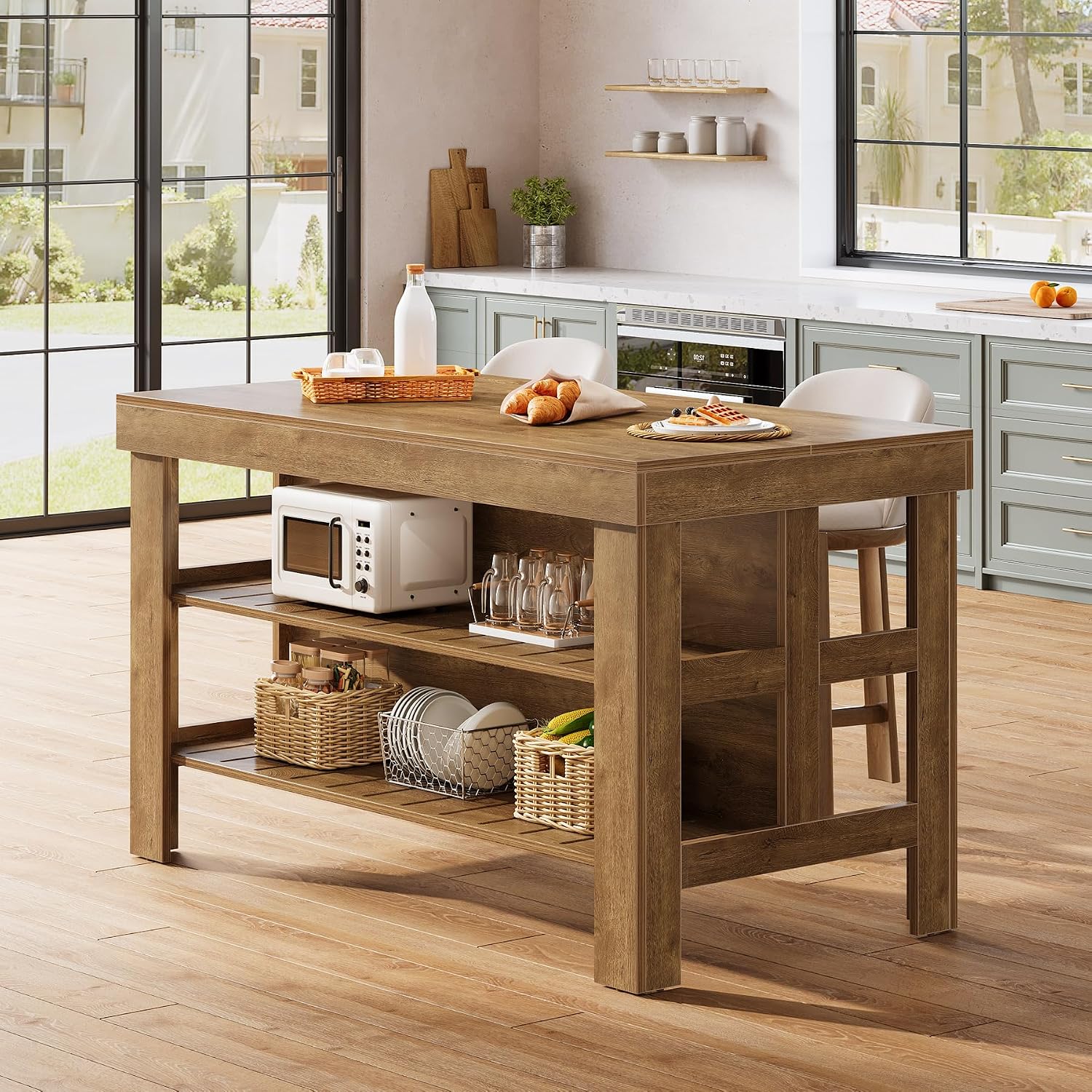 Tribesigns Kitchen Island with Seating and Storage Shelves, 55.1-Inch Breakfast Counter Farmhouse Island Table for Kitchen Dining Room (All Brown)