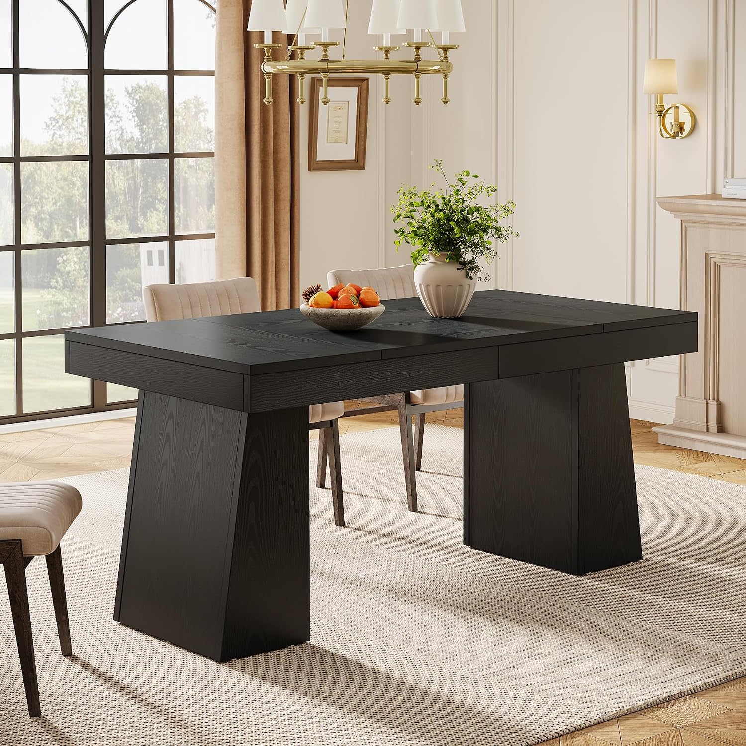 Tribesigns Black Dining Room Table for 4-6, 55-Inch Mid-Century Modern Dining Table with Double Pedstral, Rectangular Wood Kitchen Dinner Table for Dining Room, Kitchen, Home