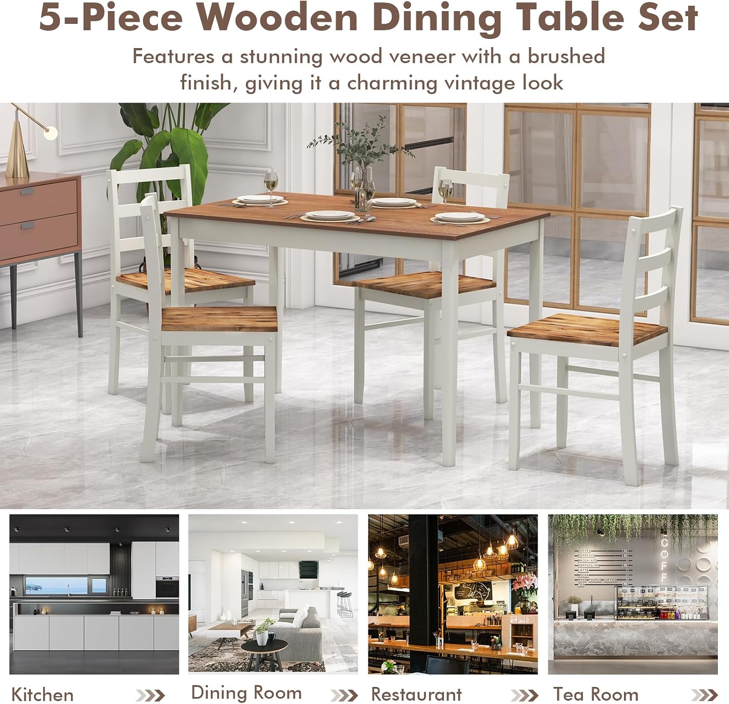 COSTWAY Dining Table Set for 4, Wood Kitchen Table Chairs Set with Rubber Wood Legs, Space-Saving Design, Modern 5-Piece Dinette Set for Small Place, Kitchen, Dining Room, Restaurant, Brown