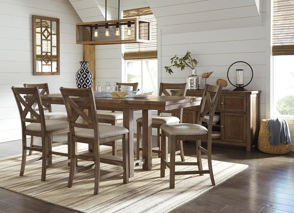 Signature Design by Ashley Moriville Rustic Farmhouse Counter Height Dining Extension Table, Separate Extension Leaves, Seats 8, Wood, 36' W x 86' D x 36' H, Brown