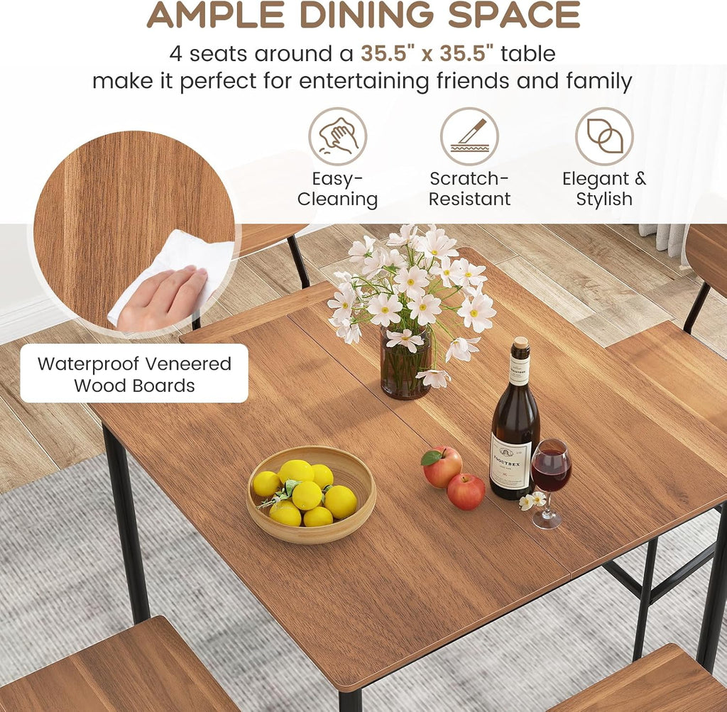 Giantex 5-Piece Dining Table Set W/Counter Height Table & 4 Bar Stools, Industrial Kitchen Dining Table Set W/Footrest & Backrest, Space-Saving Dinette Set for Pub, Dining Room, Restaurant (Teak)