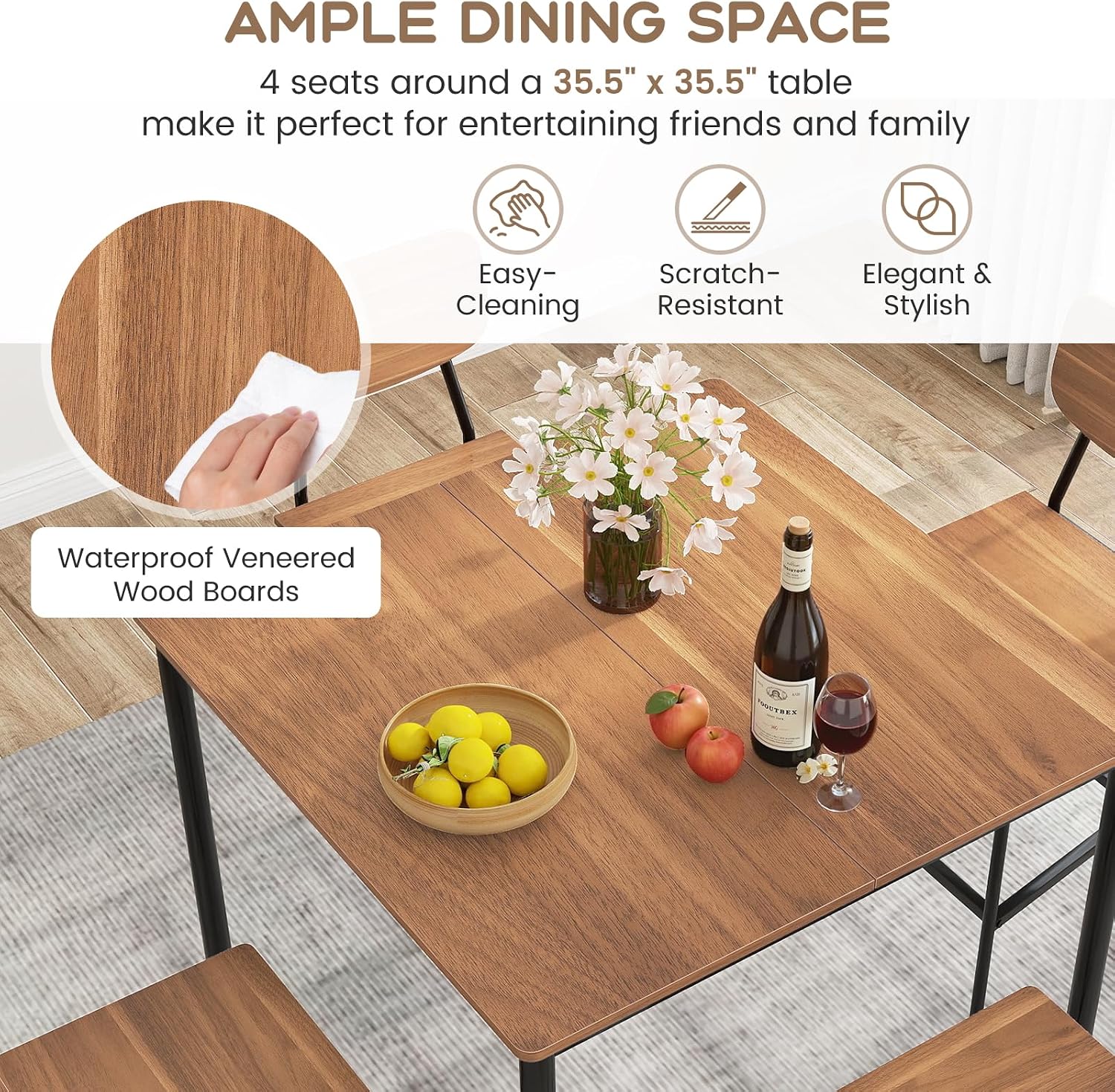 Giantex 5-Piece Dining Table Set W/Counter Height Table & 4 Bar Stools, Industrial Kitchen Dining Table Set W/Footrest & Backrest, Space-Saving Dinette Set for Pub, Dining Room, Restaurant (Teak)