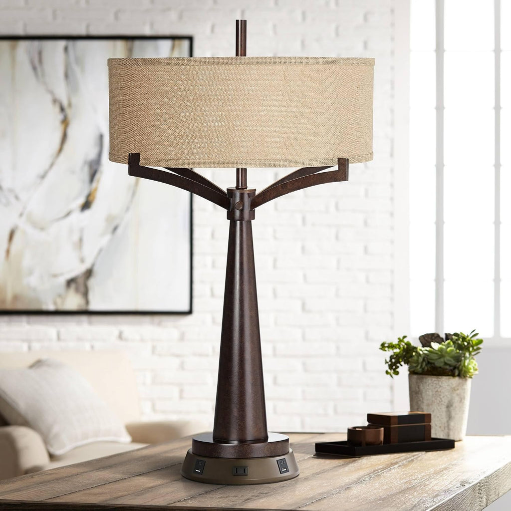 Franklin Iron Works Tremont Rustic Farmhouse Table Lamp 31 1/2' Tall with USB and AC Power Outlets in Base Bronze Iron Burlap Drum Shade for Bedroom Living Room House Bedside Nightstand Home Office