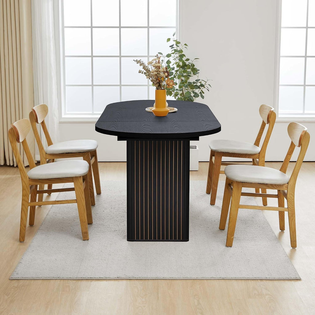 70.8 Inch Kitchen Dining Table for 4-6 People, Oval Kitchen Table with Wood Strip Base, Modern Farmhouse Large Round Dining Room Tables for Home Living Room (Black)