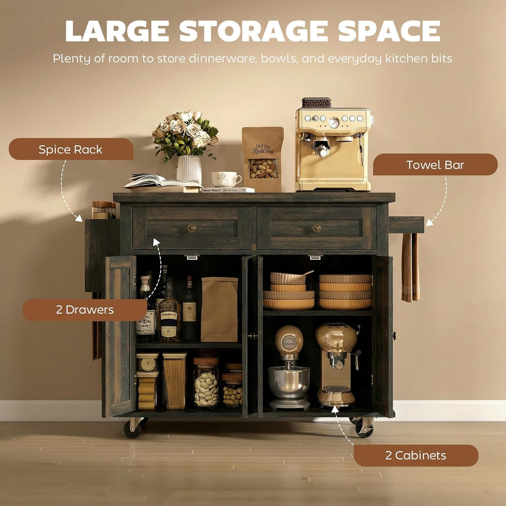 HOMCOM Kitchen Island Cart with Solid Wood Top, 44' Mobile Kitchen Island Table on Wheels with Storage Cabinets, 2 Drawers, Adjustable Shelves, Spice Rack & Towel Bar for Dining Room, Brown Oak