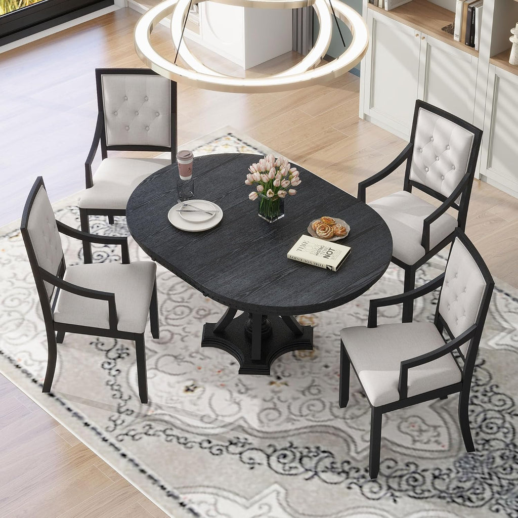 LUMISOL Round Dining Table Set for 4, 5-Piece Extendable Kitchen Table Set with 4 Upholstered Chairs, Farmhouse Table and Chairs Set for Kitchen, Dining Room, Living Room, Black+Beige