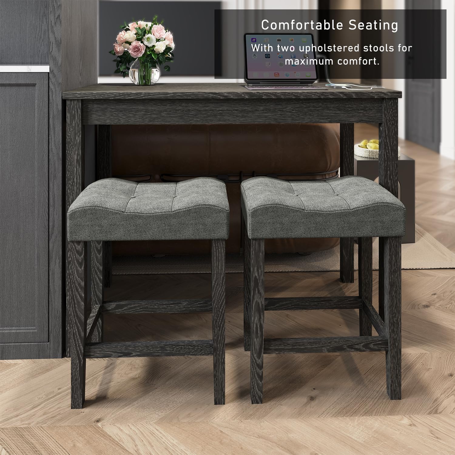 allamazing 3-Piece Counter Height Bar Table Set with Socket and 2 Fabric Padded Bar Stools, Tall Kitchen Breakfast Dining Table Set with Stools (1+2 Black)