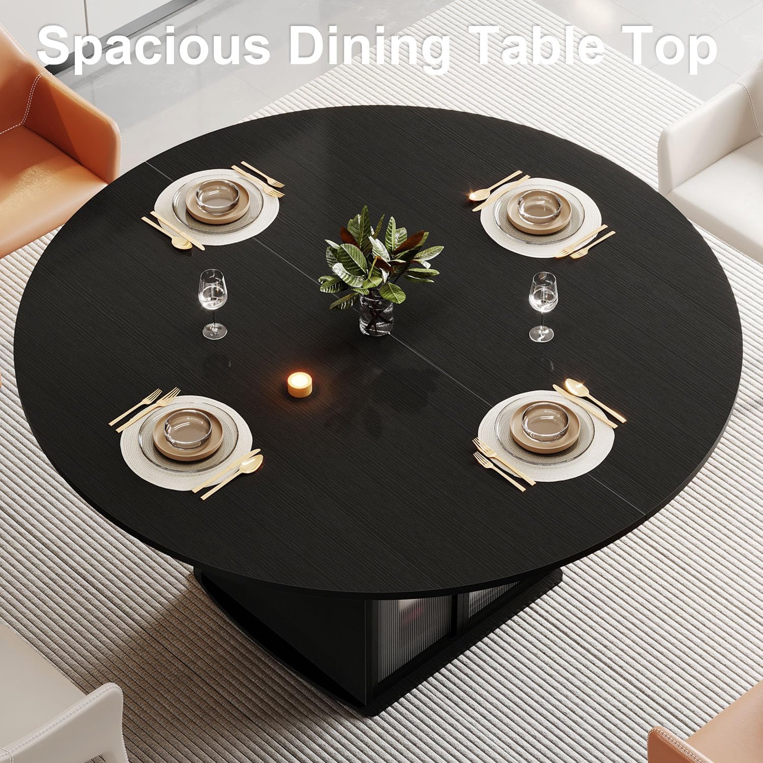 IBF Black Round Dining Table for 4-6, 47' Kitchen Table with Fridge Space, Modern Dining Room Tables with Storage, Industrial Wood Dinner Tables for Home Kitchen Living Room, Black Oak, Only Table