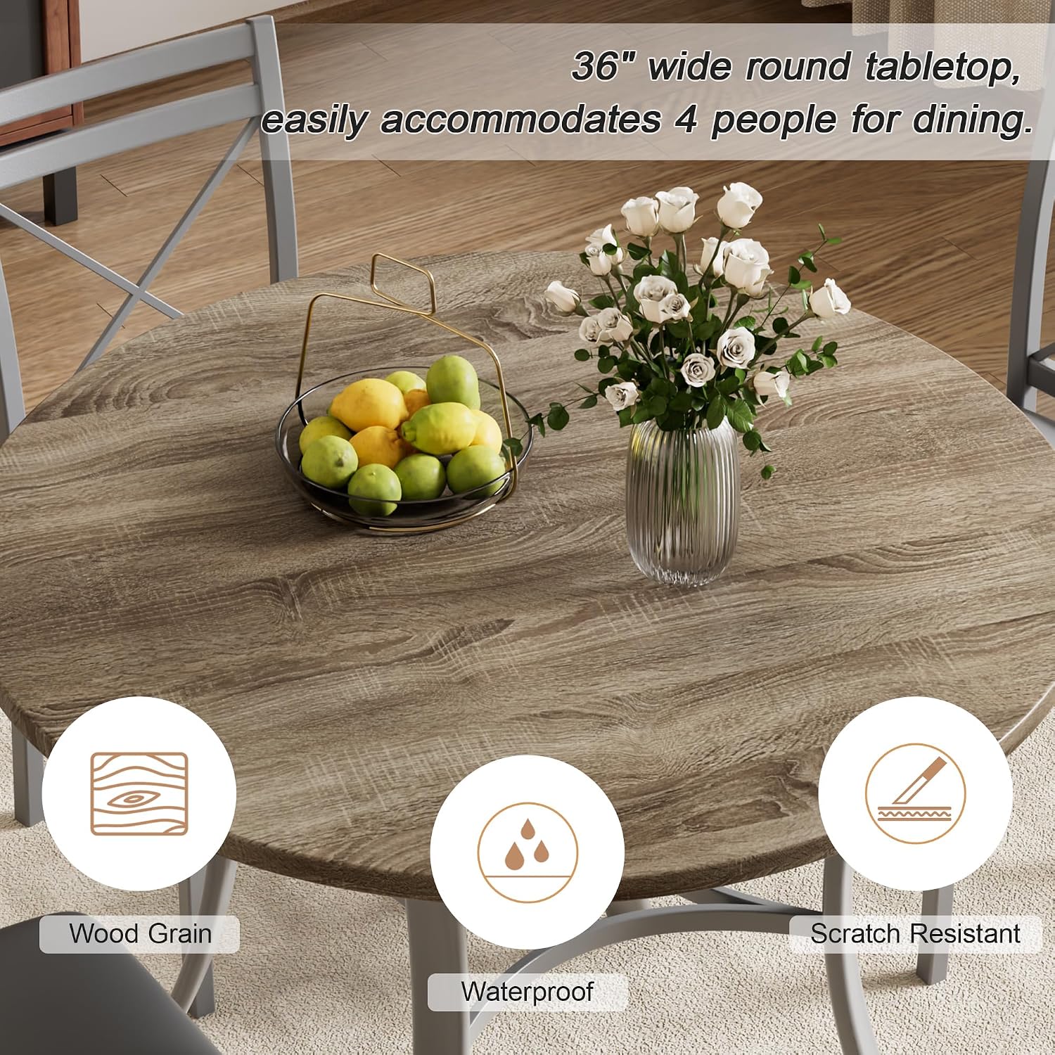 VECELO 5 Piece Dining Table Set for 4 with Chairs, Wood Grain Tabletop, Small Space, Kitchen, Breakfast Nook, Grey