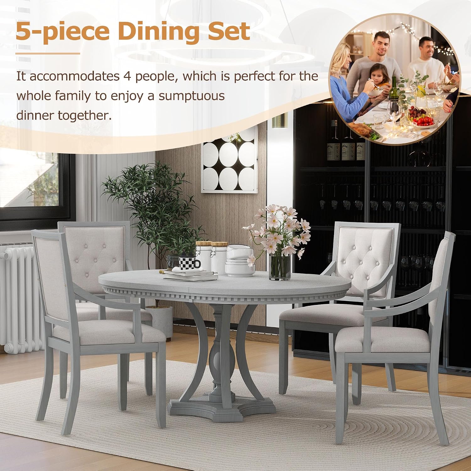LUMISOL Round Dining Table Set for 4, 5-Piece Extendable Kitchen Table Set with 4 Upholstered Chairs, Farmhouse Table and Chairs Set for Kitchen, Dining Room, Living Room, Antique Grey