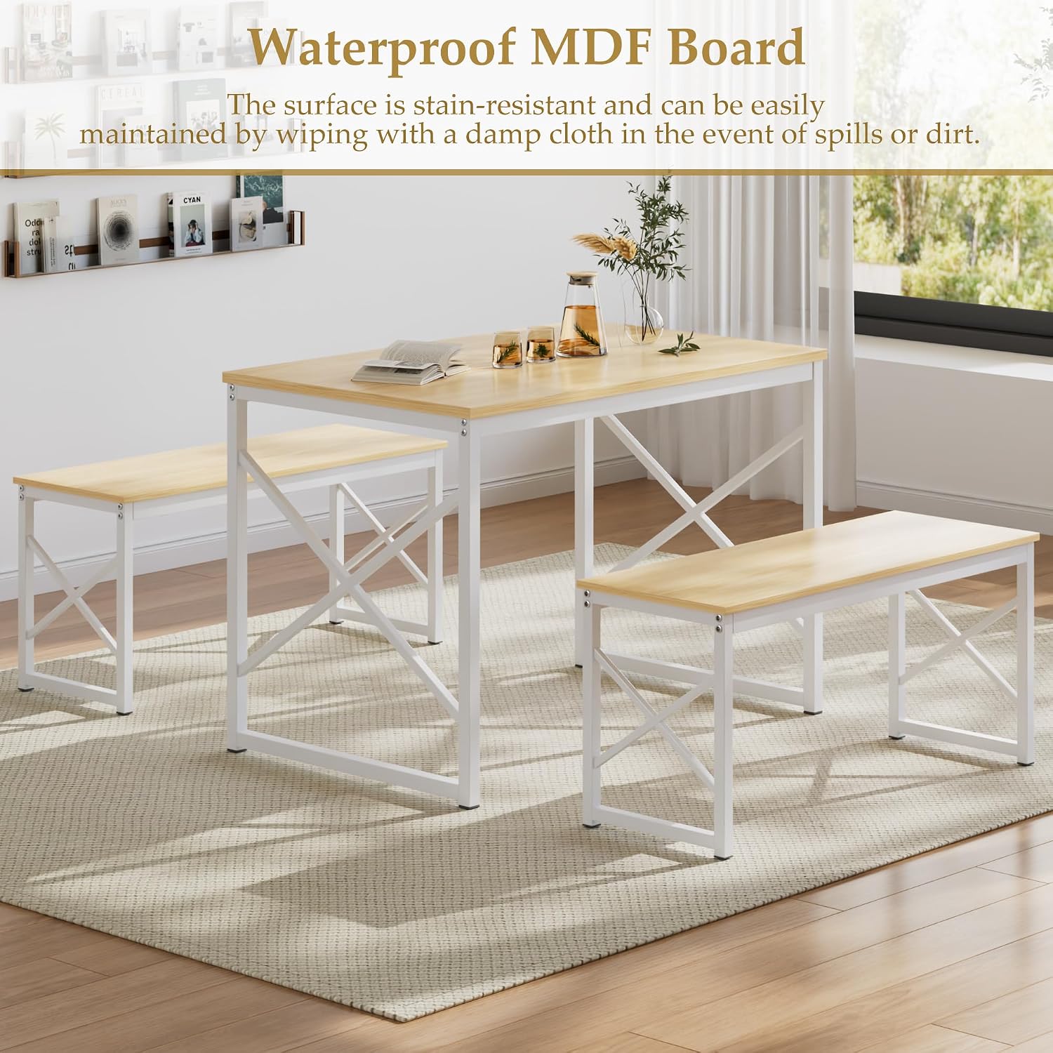 VECELO Kitchen Dining Table Benches Set for 4, 43.3' Wooden Dinette with 2 Benches, Heavy-Duty Dining Room Table for Small Space, Breakfast Nook, Natural Oak