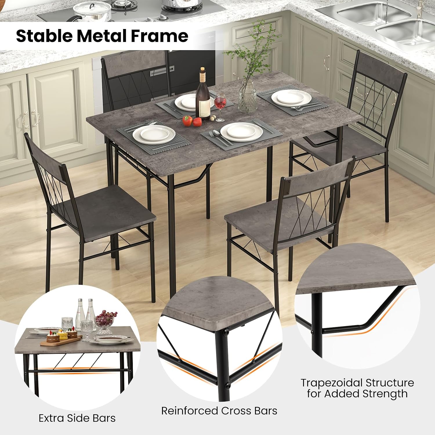Giantex 5-Piece Breakfast Nook Set, 4 Dining Chairs, Metal Frame, Space-Saving Dinette Table Set for 4, Small Place, Kitchen Table Chairs Set of 4 (Cement Grey)