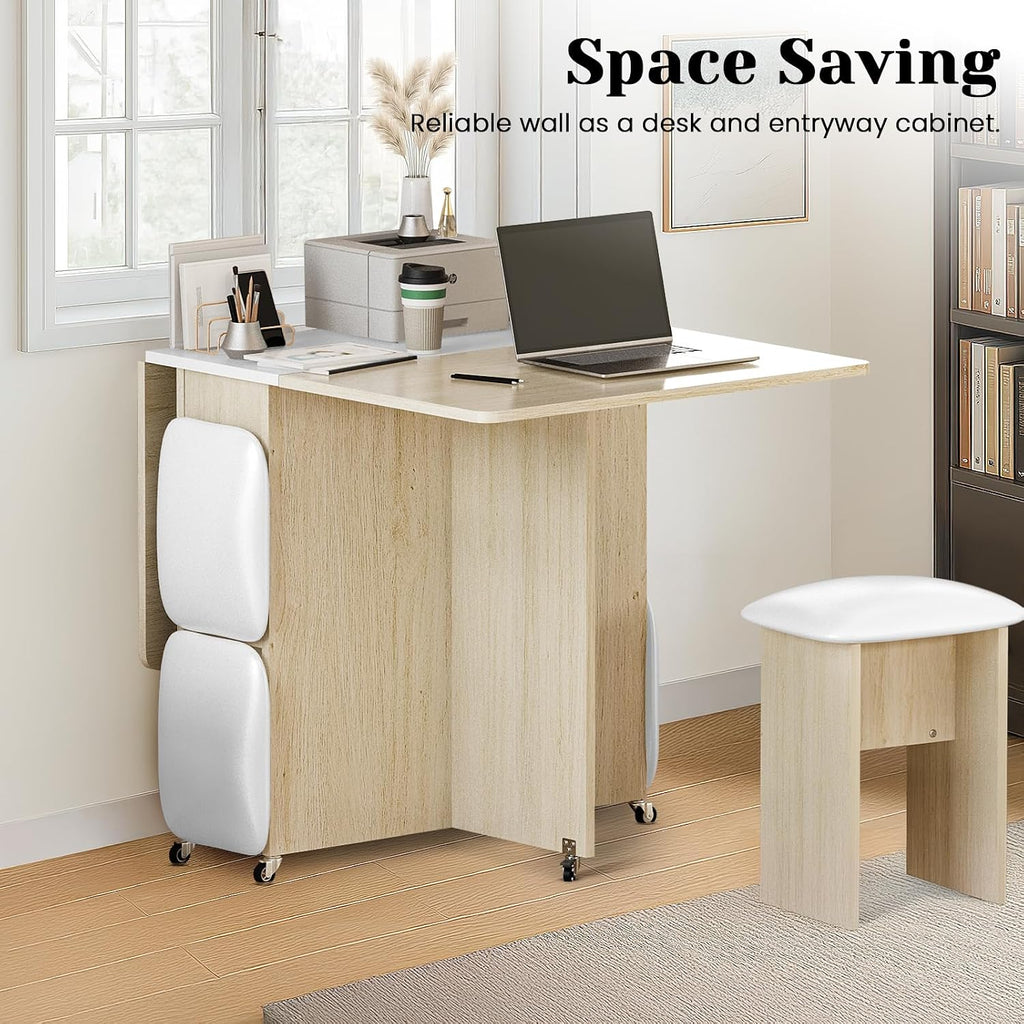AWQM Foldable Dining Table Set for 4,Folding Dining Table with 4 Leather Chairs & Storage,Drop Leaf Dinner Table with 6 Wheels,Folding Kitchen Table and Chairs Set for Small Spaces,Beige