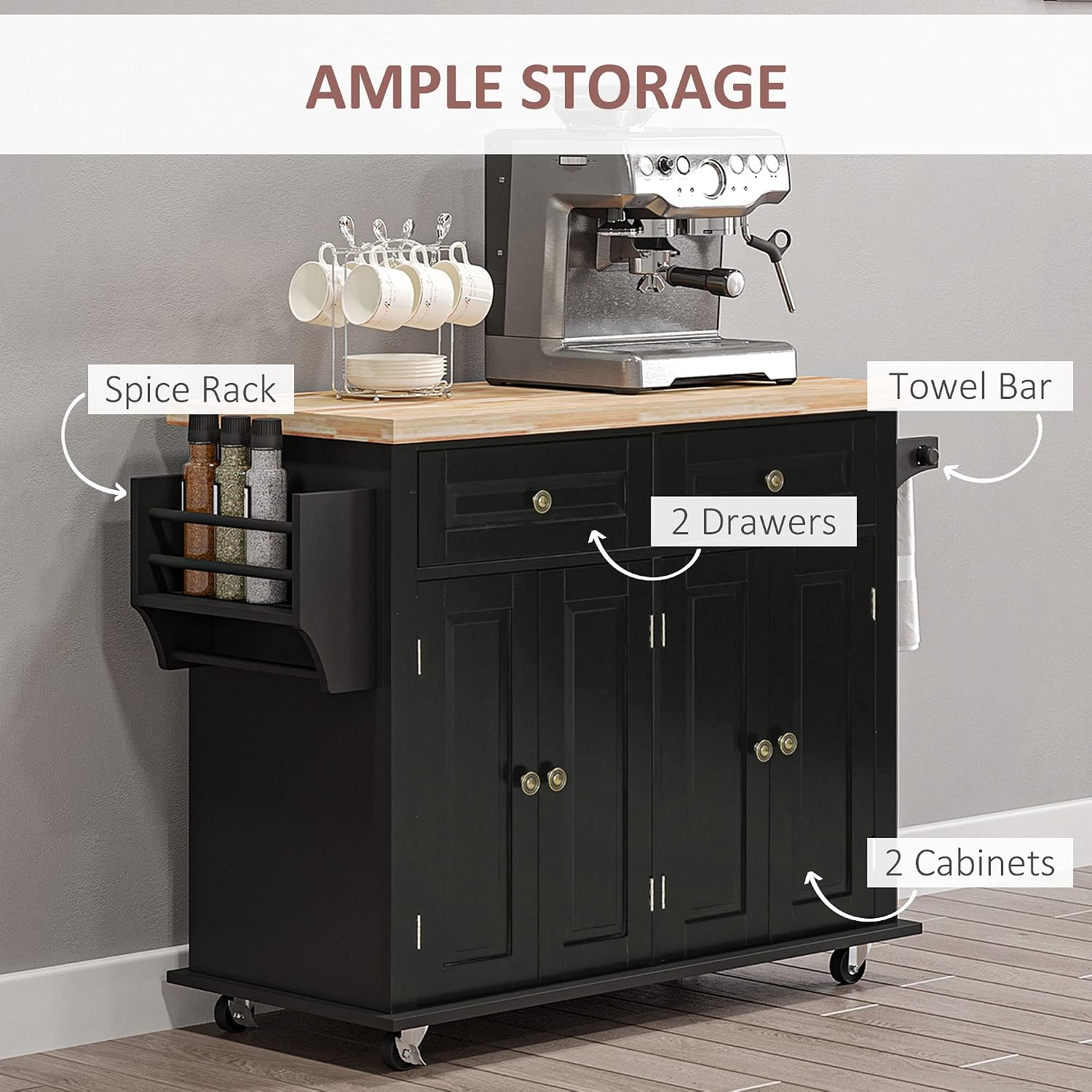 HOMCOM Kitchen Island Cart with Solid Wood Top, 44' Mobile Kitchen Island Table on Wheels with Storage Cabinets, 2 Drawers, Adjustable Shelves, Spice Rack & Towel Bar for Dining Room, Black