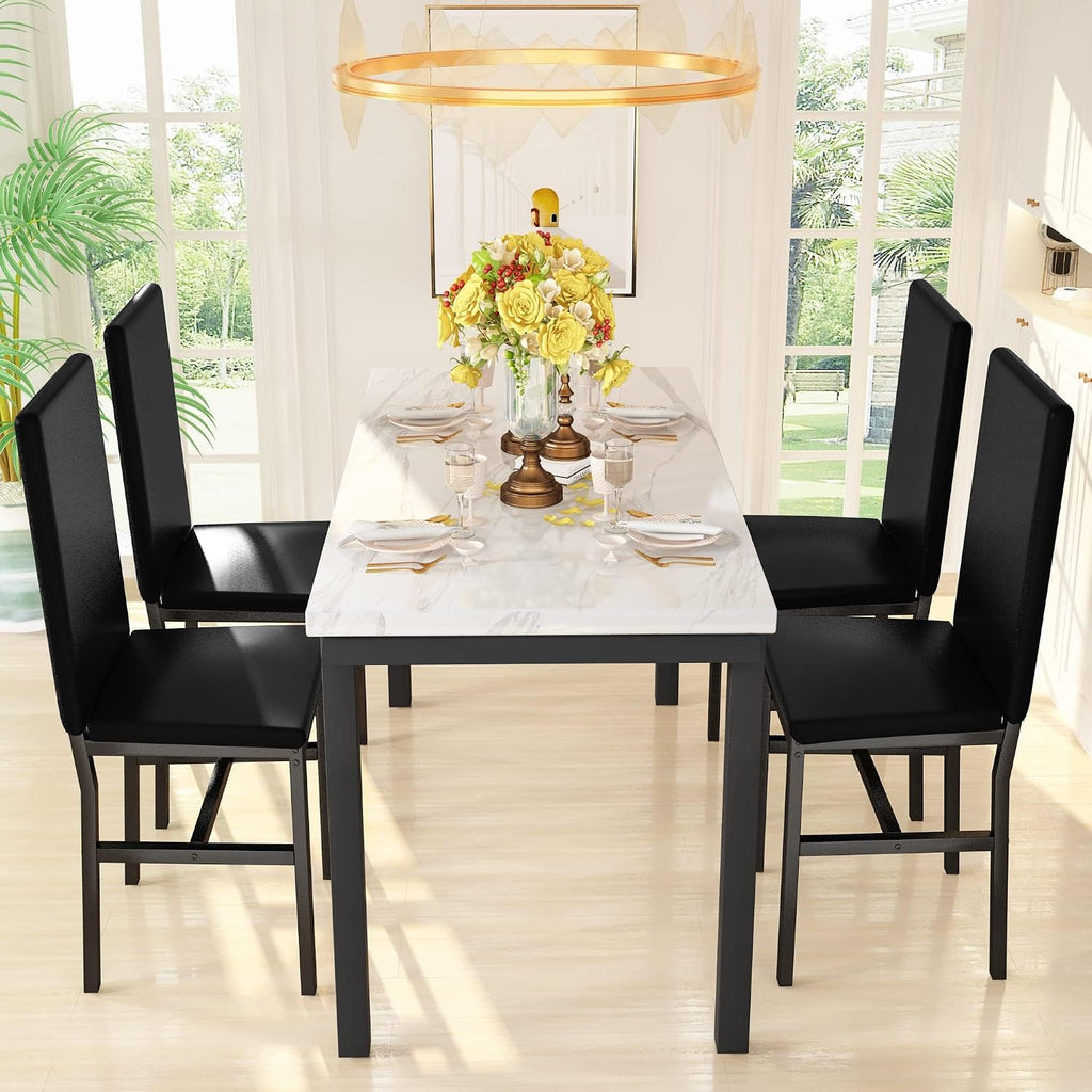 Hooseng Dining Table Set for 4, Modern Faux Marble Kitchen Table with 4 PU Leather Chairs, 5 Piece Dining Room Sets for Dinette, Breakfast Nook, Black