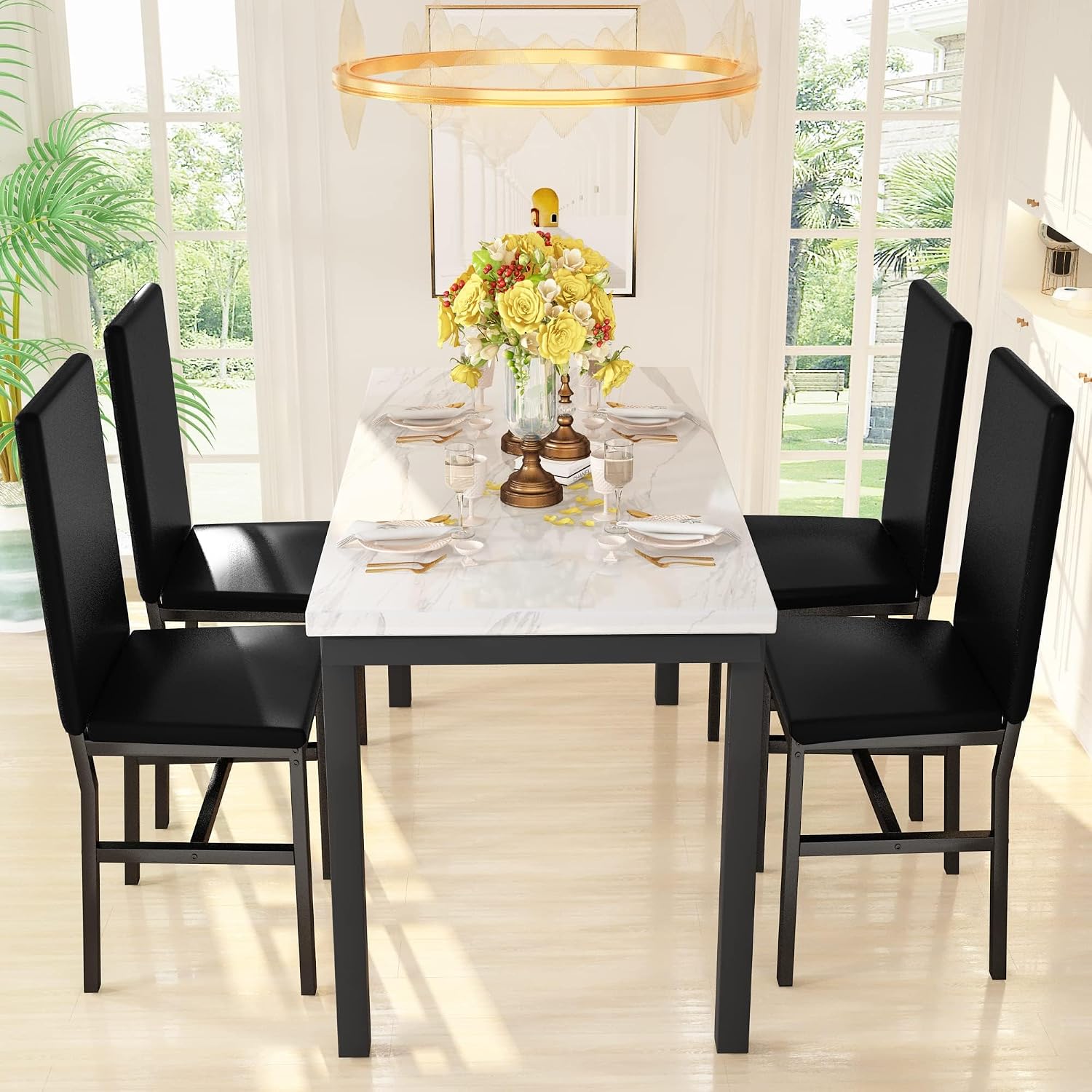 Hooseng Dining Table Set for 4, Modern Faux Marble Kitchen Table with 4 PU Leather Chairs, 5 Piece Dining Room Sets for Dinette, Breakfast Nook, Black