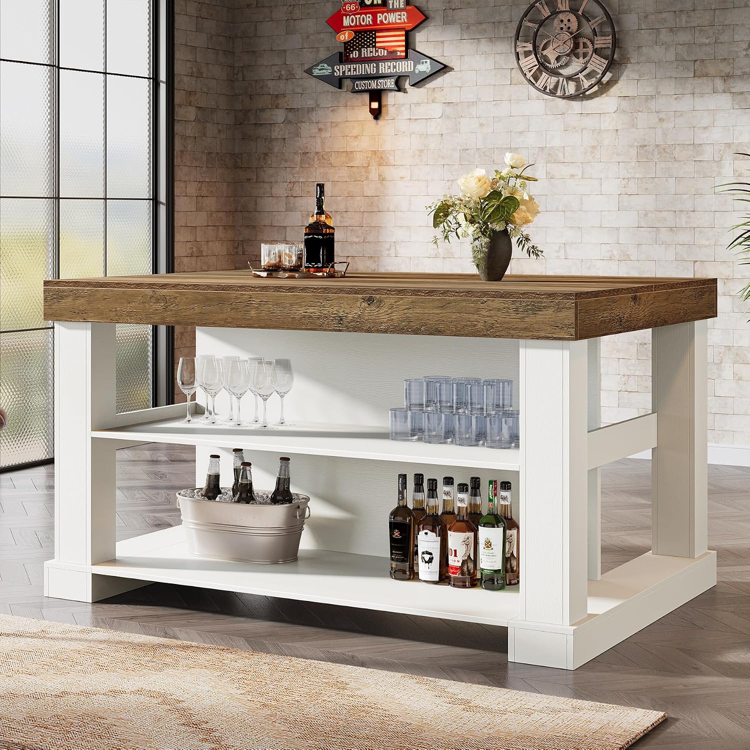 Tribesigns Bar Table, 55-Inch Counter Height Pub Table with Storage Shelves, High Top Kitchen Dining Table, Rectangle Wood Home Bar Unit for Dining Room, Bistro, White and Brown